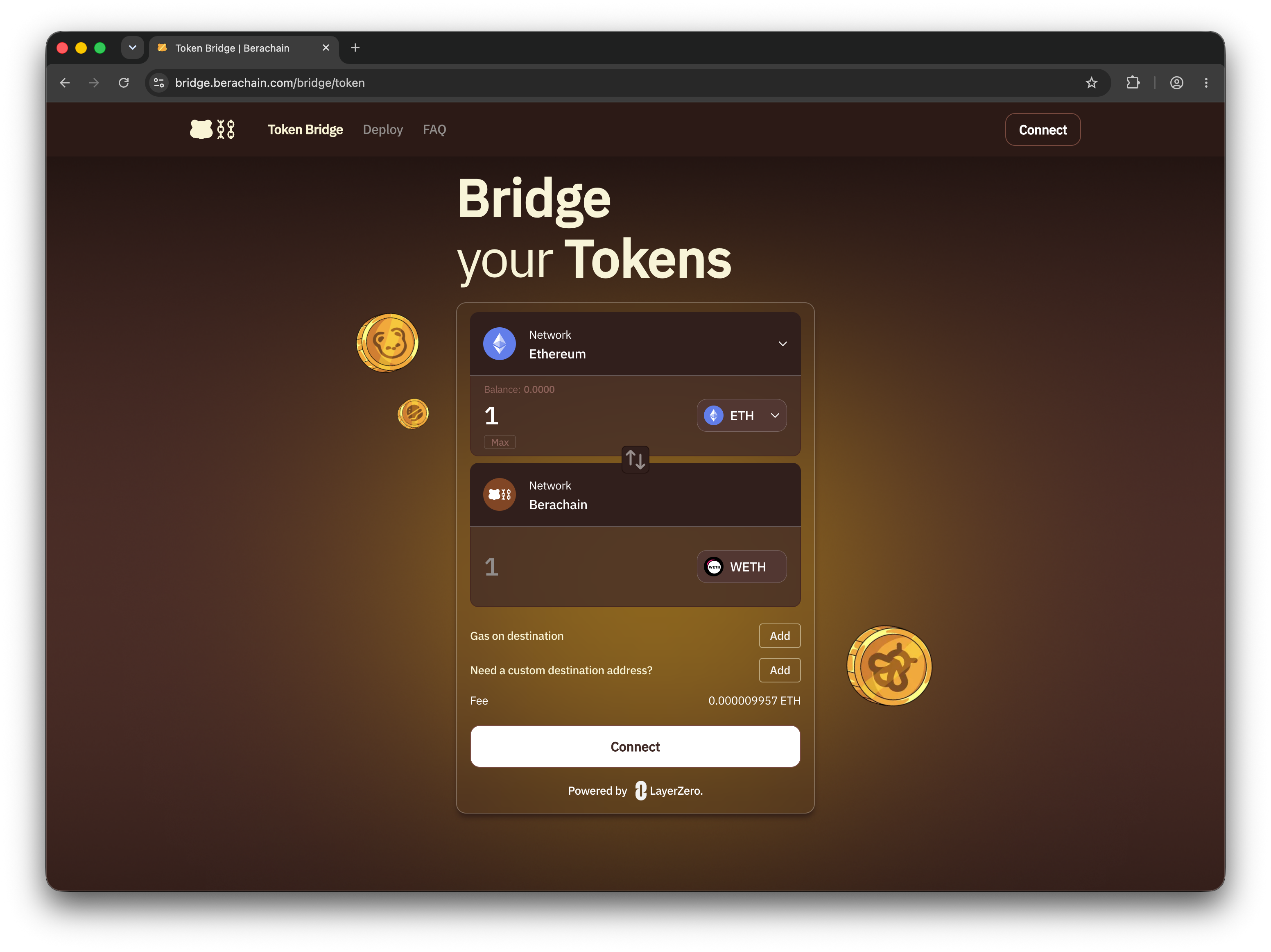 Berachain Bridge interface for transferring tokens