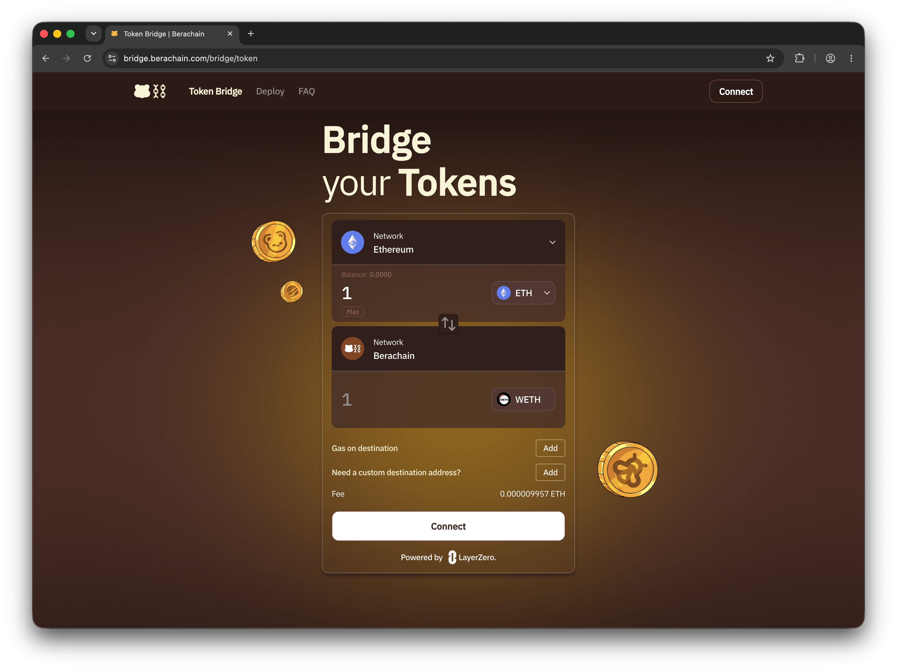 Berachain Bridge interface for transferring tokens