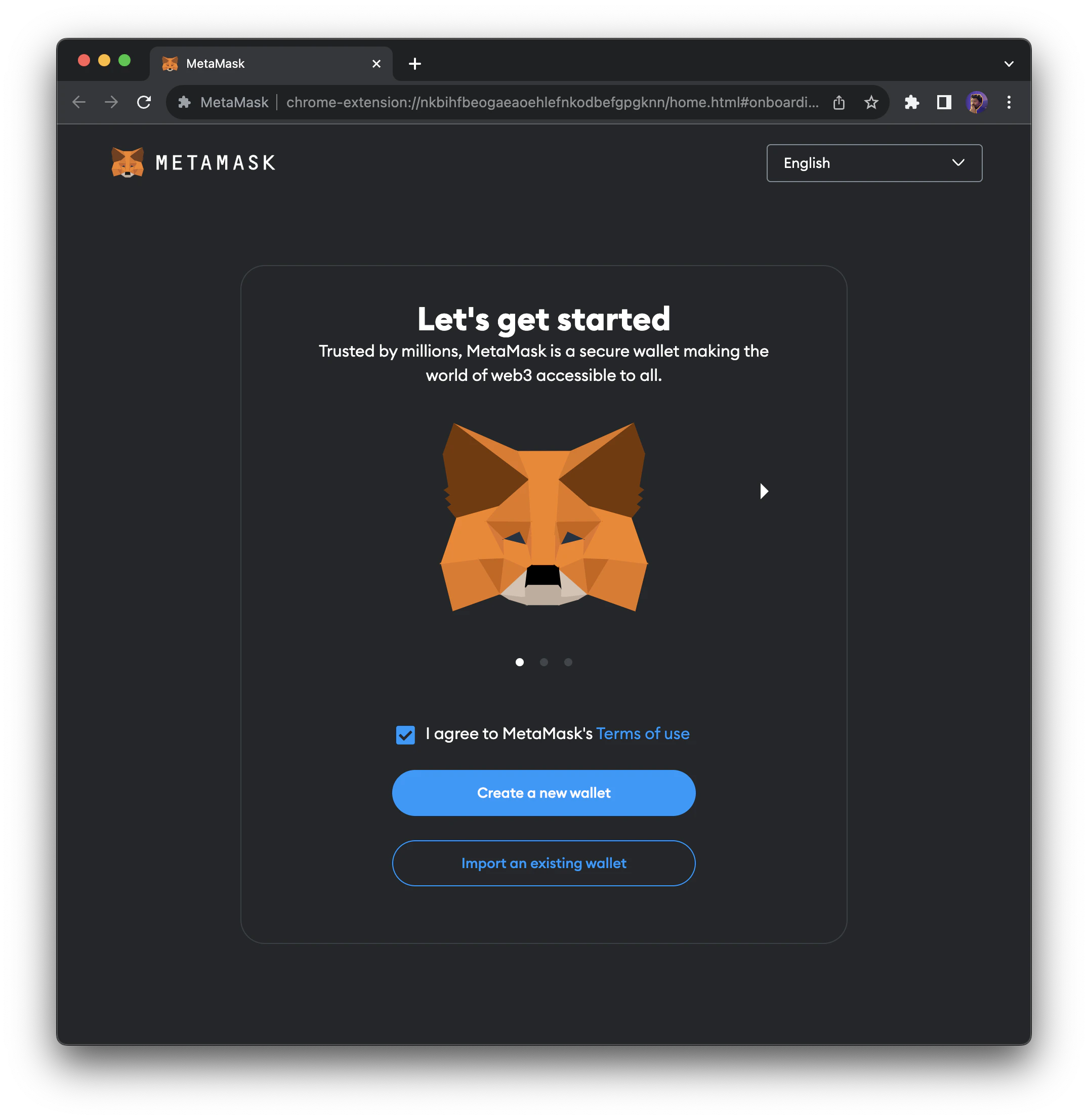 MetaMask get started screen with create wallet option