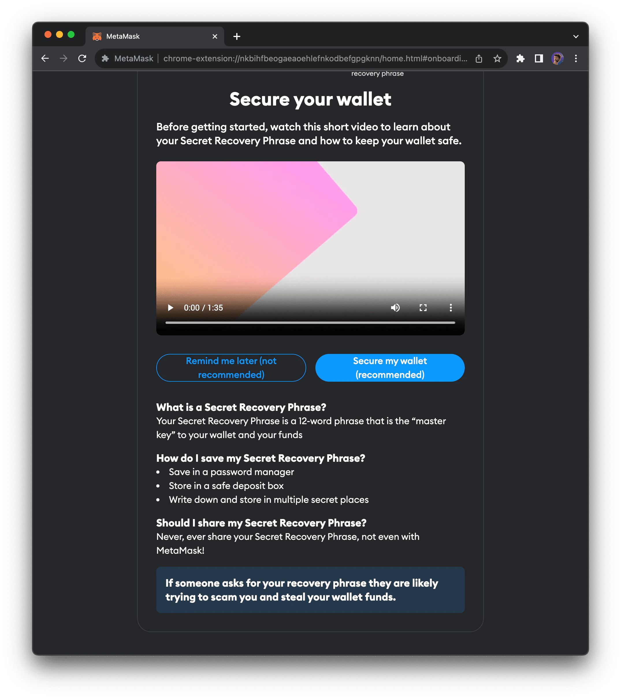 MetaMask recovery phrase backup screen