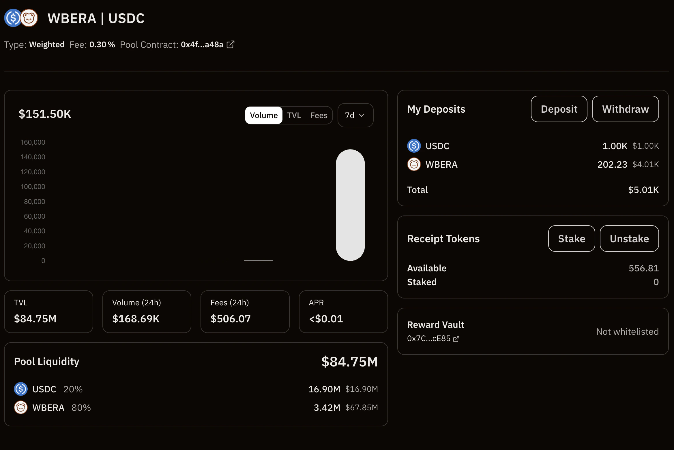 BEX LP position management page showing your active liquidity positions