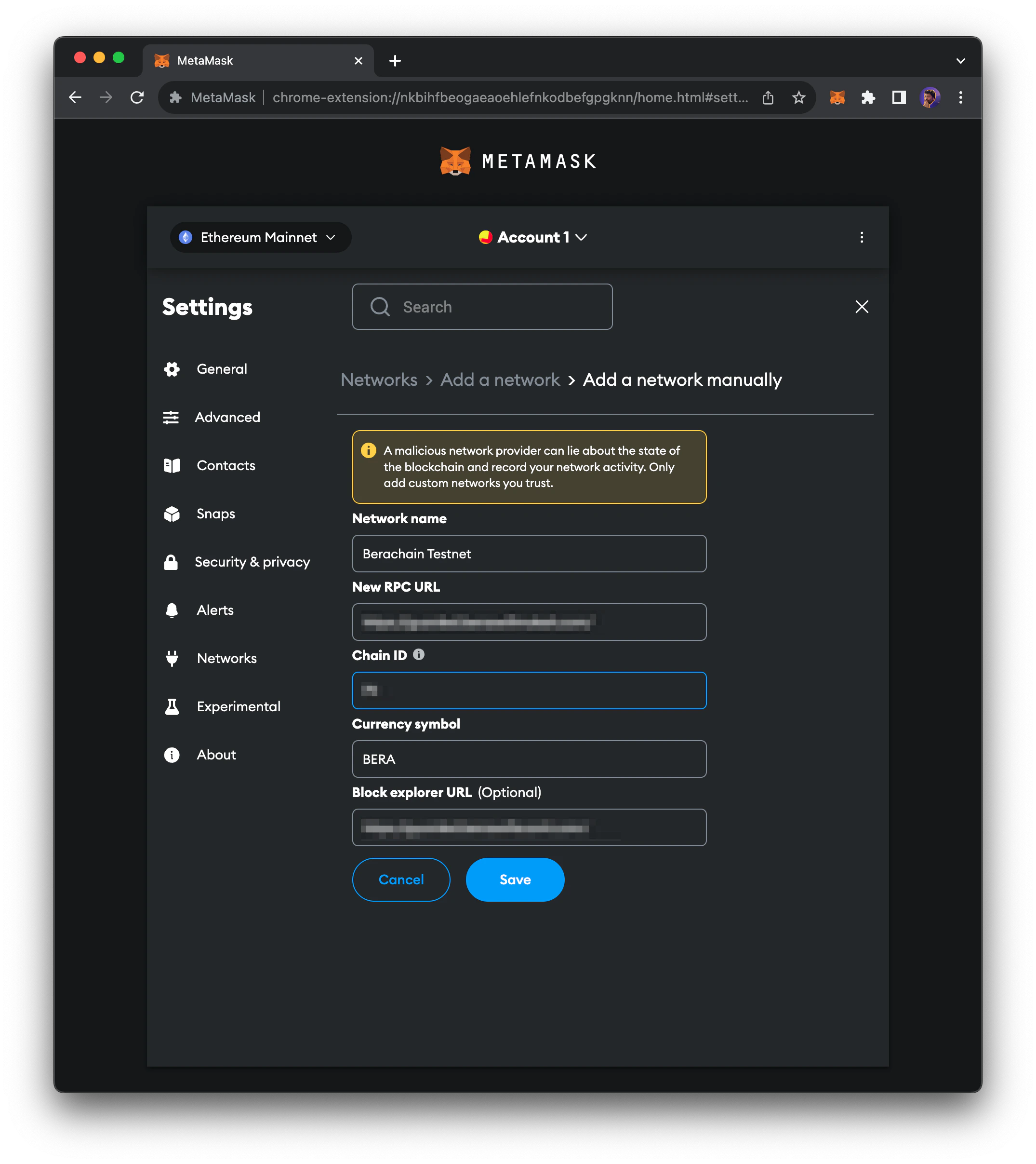 MetaMask network configuration form with Berachain details