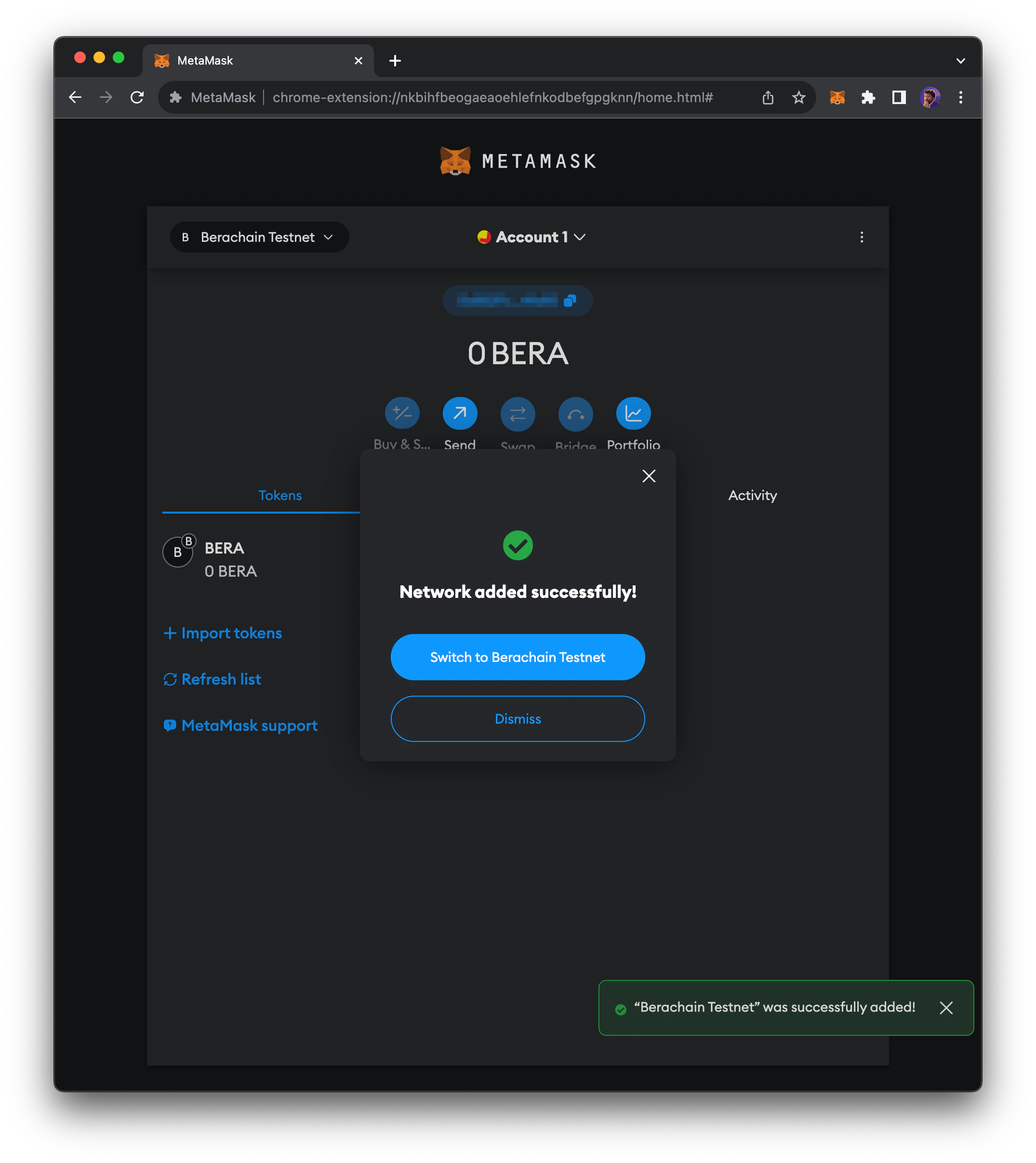 MetaMask wallet connected to Berachain network