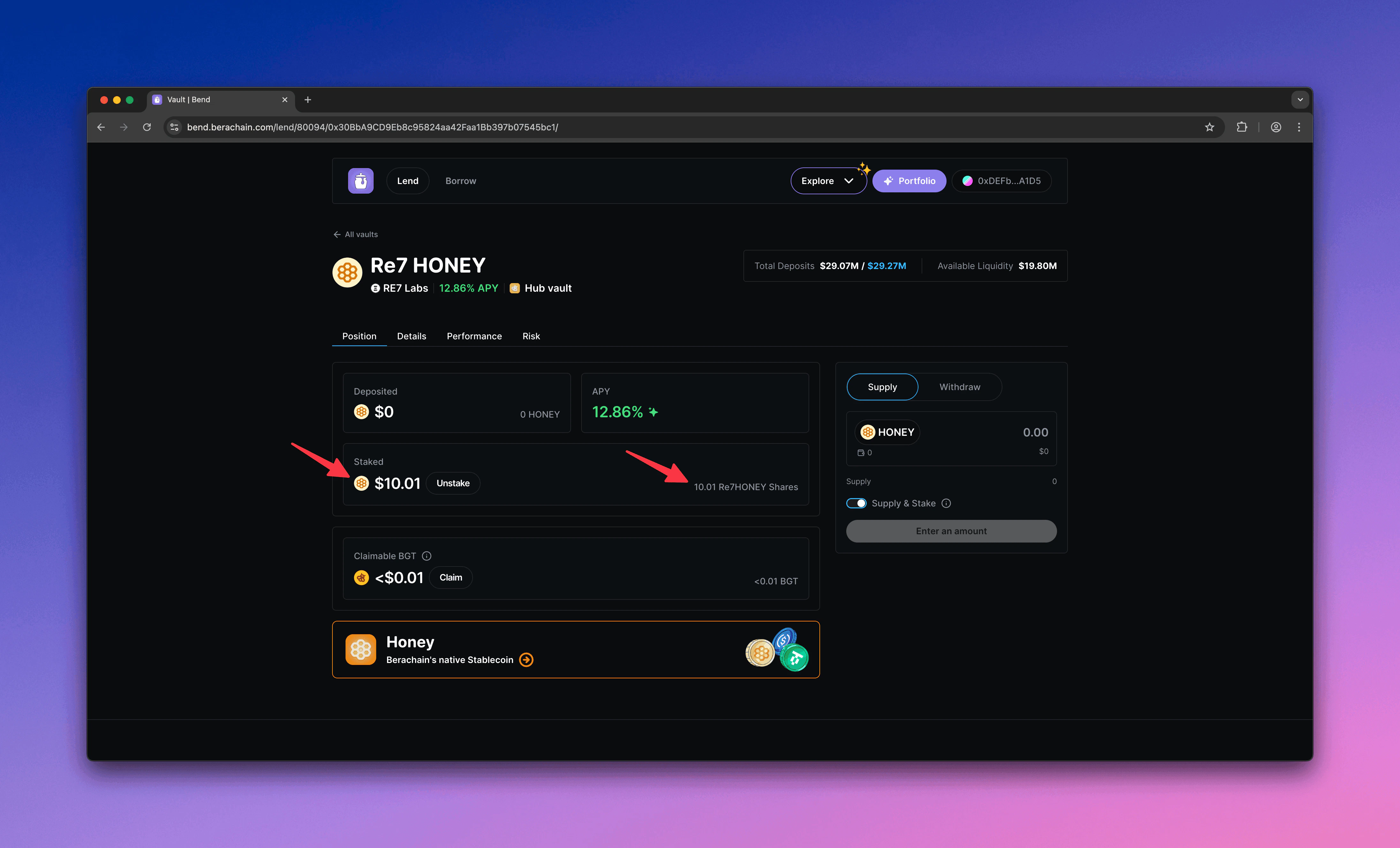 Bend staked receipt tokens