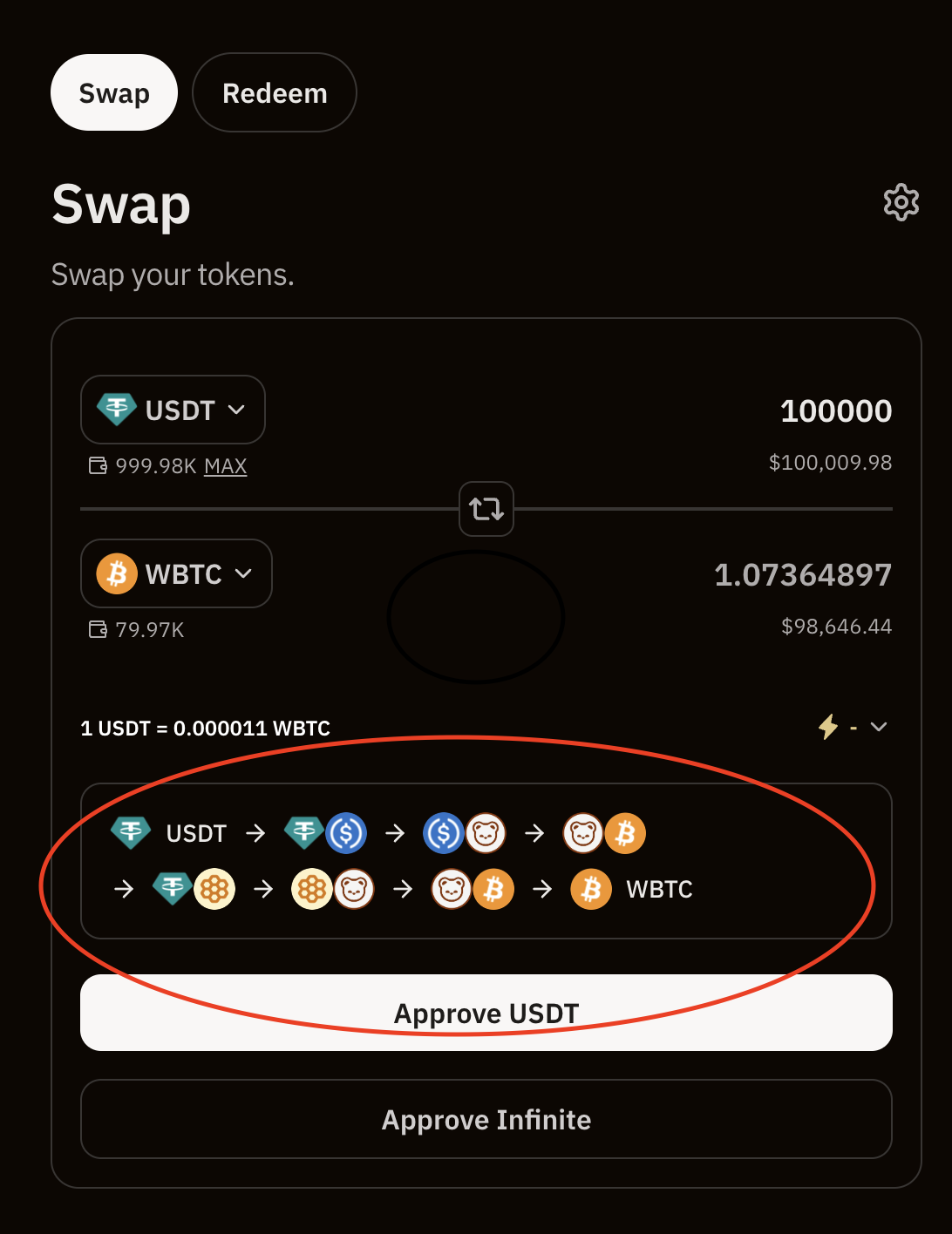 BEX swap modal showing a multi-hop route with intermediate tokens