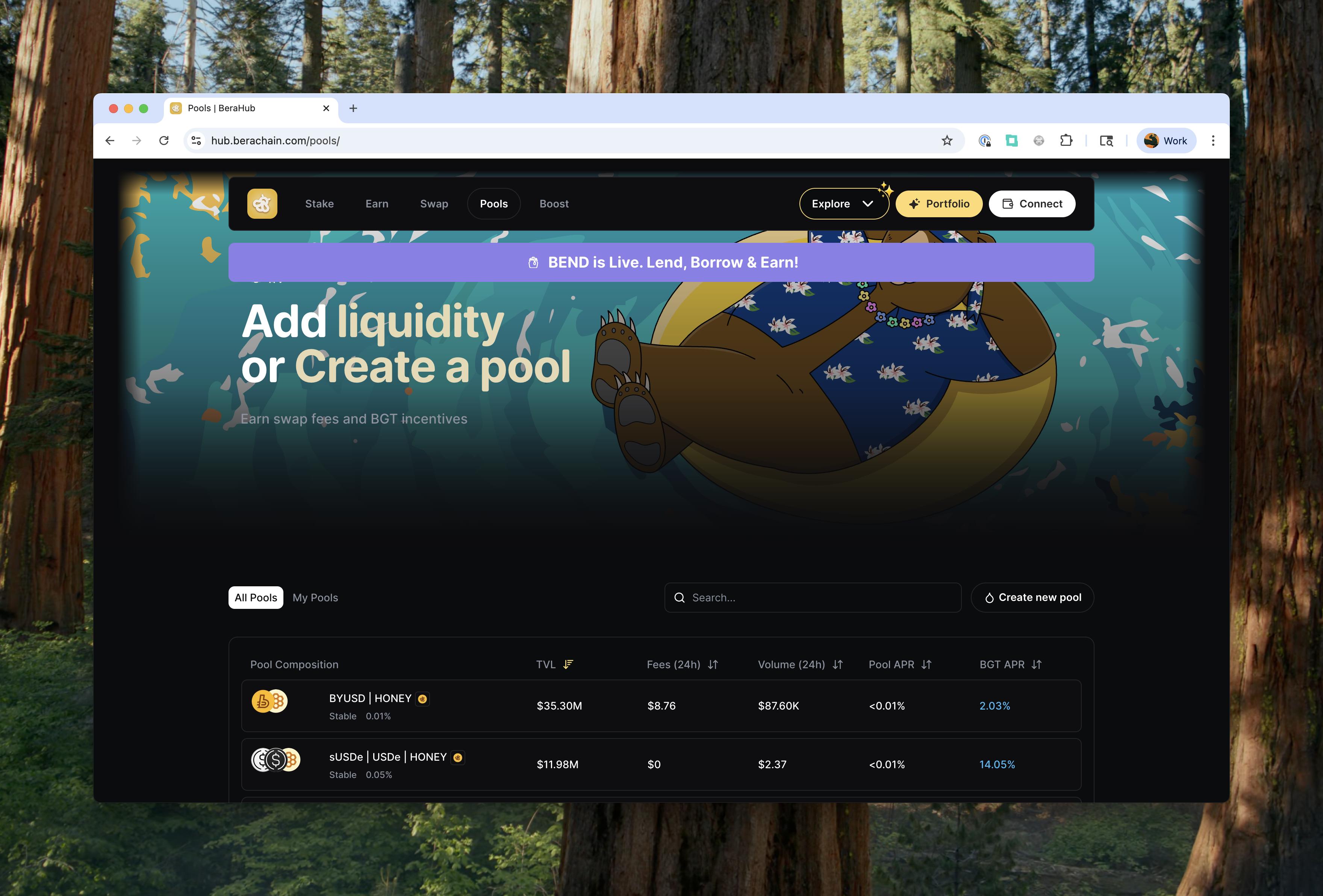 BEX pools page showing available liquidity pools