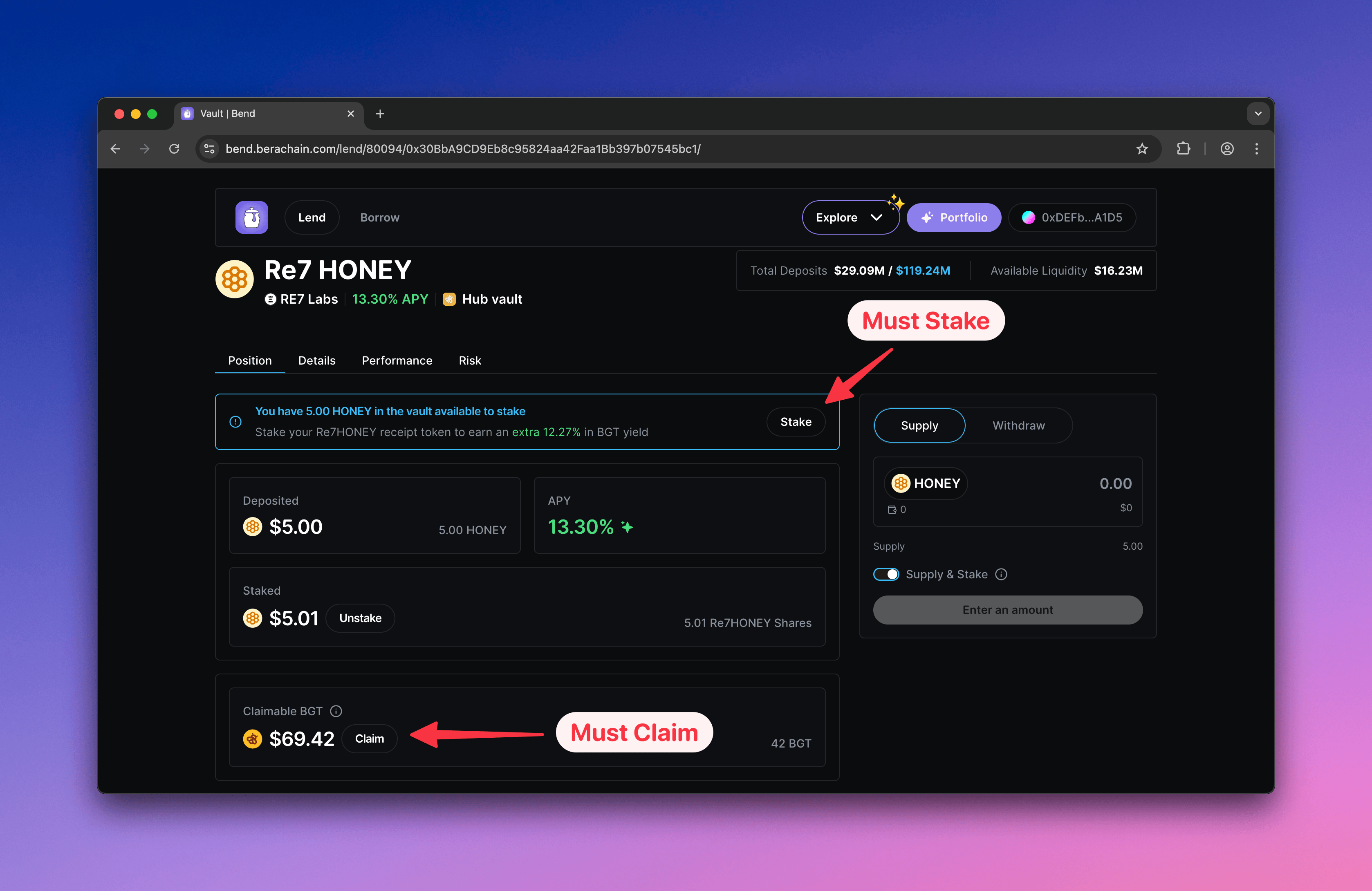 Berachain Bend stake and claim required