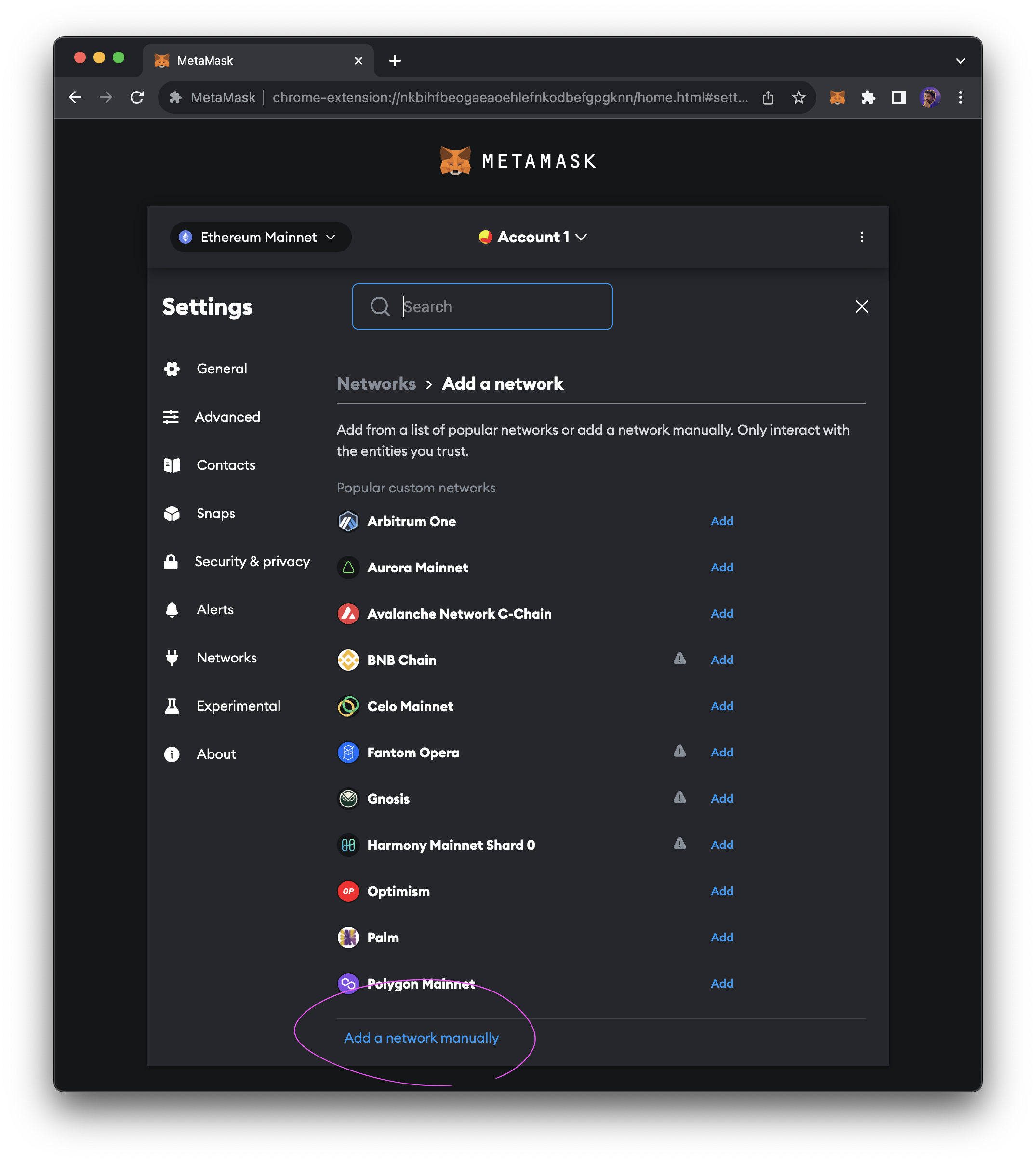 MetaMask add a network manually option