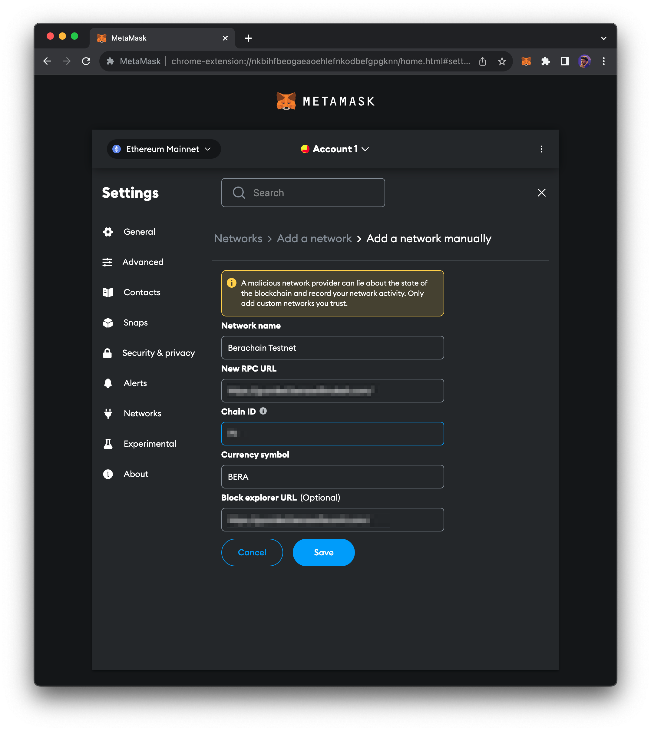 MetaMask network configuration form with Berachain details