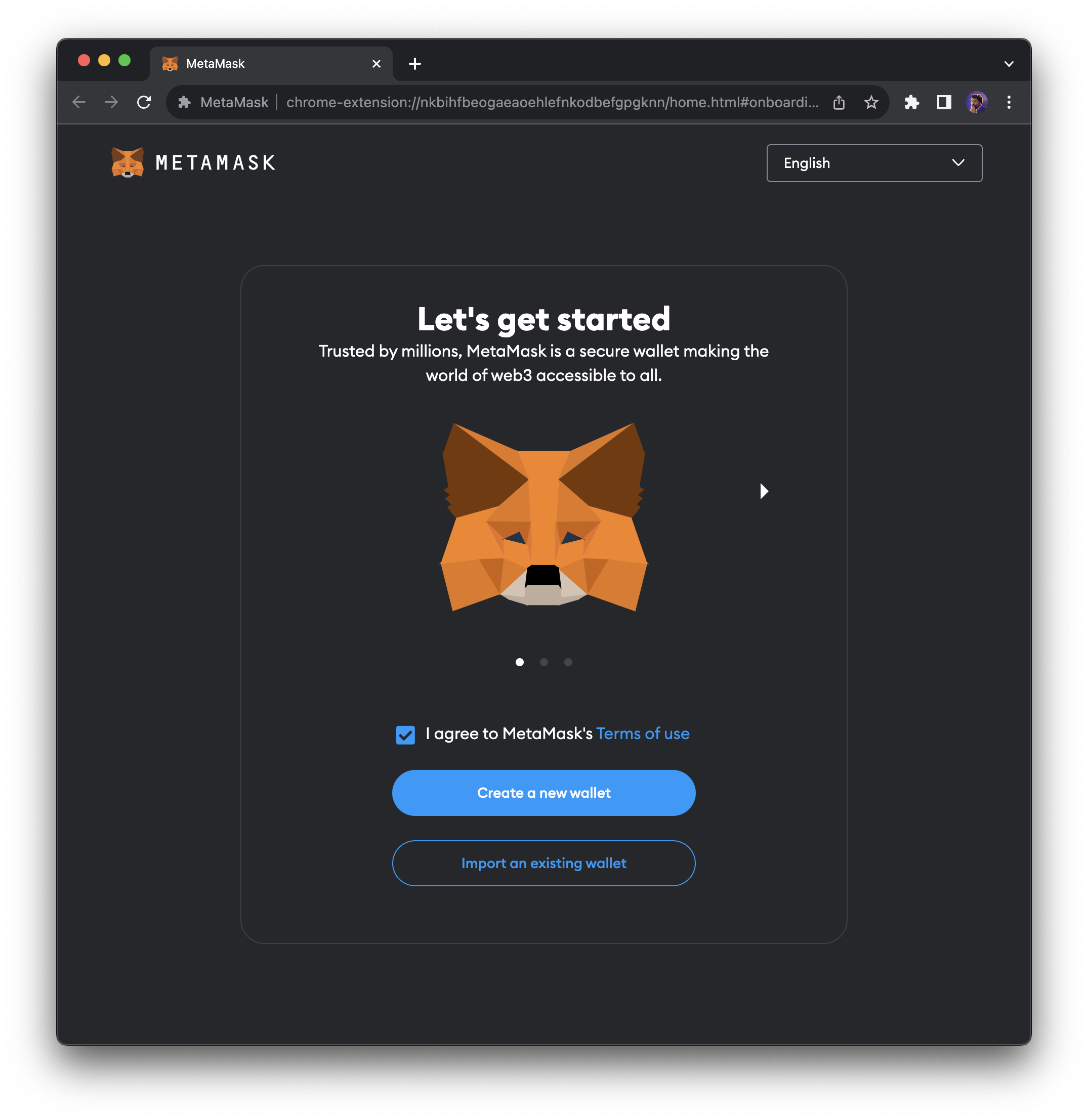 MetaMask get started screen with create wallet option