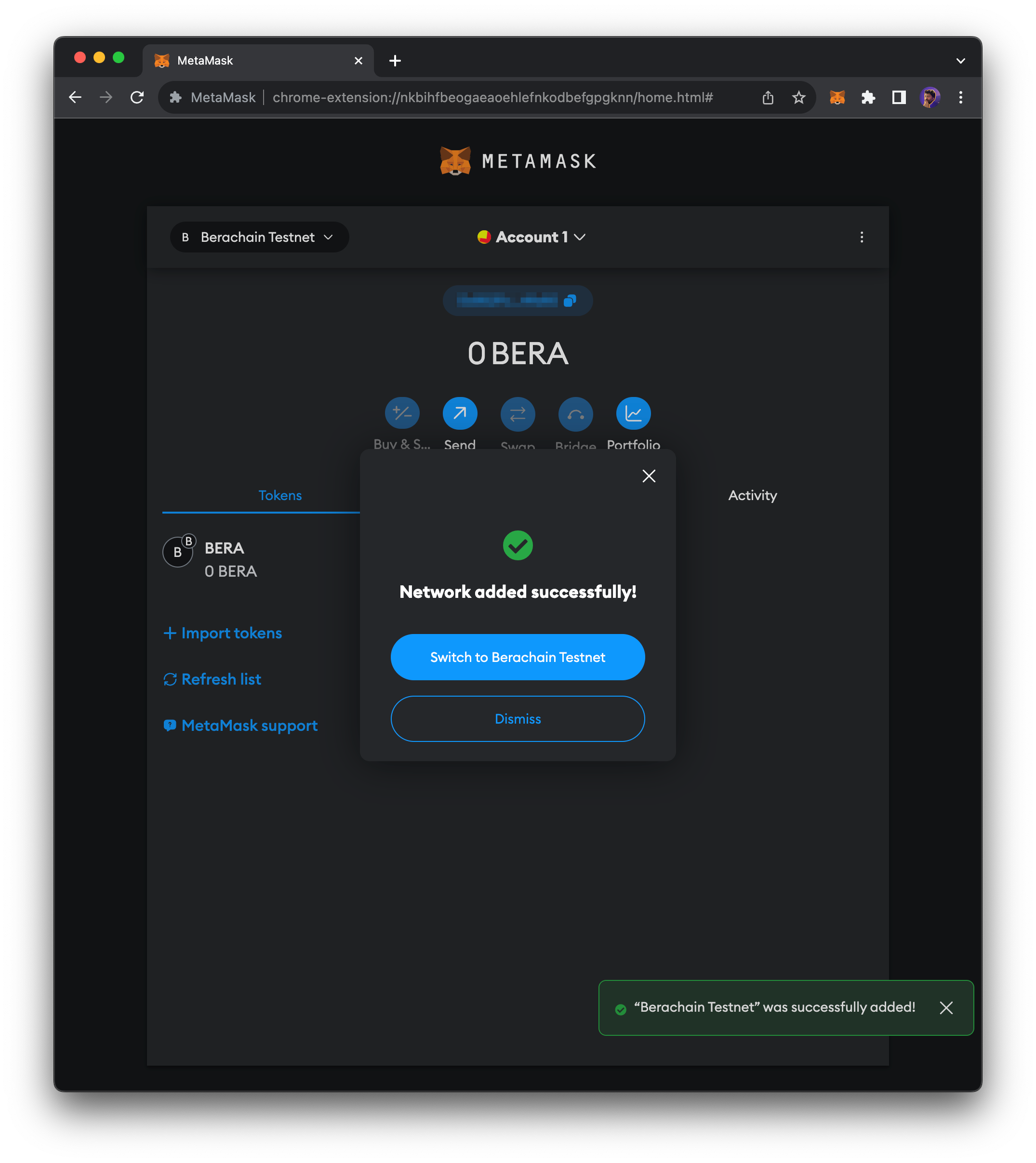 MetaMask wallet connected to Berachain network