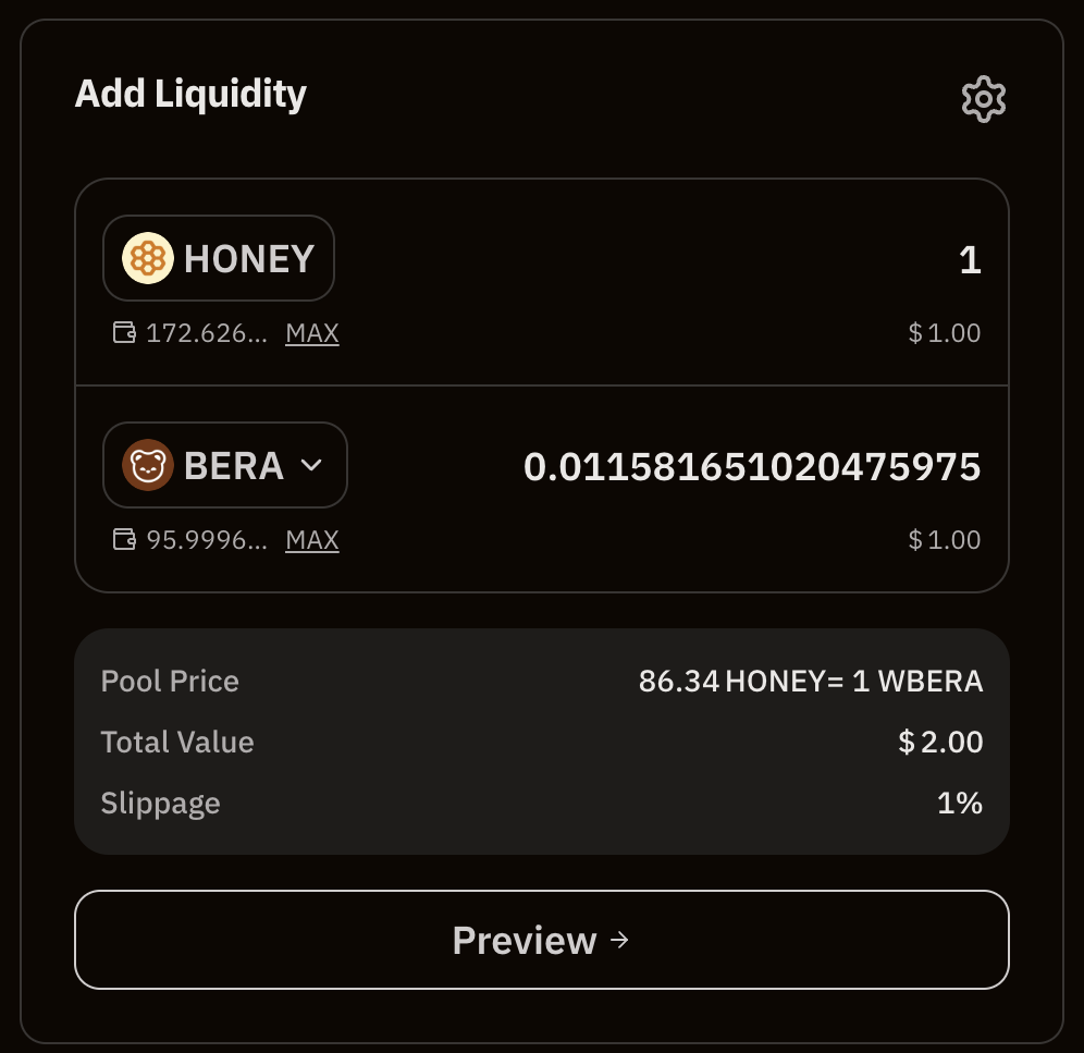 BEX add liquidity interface for depositing tokens into a pool