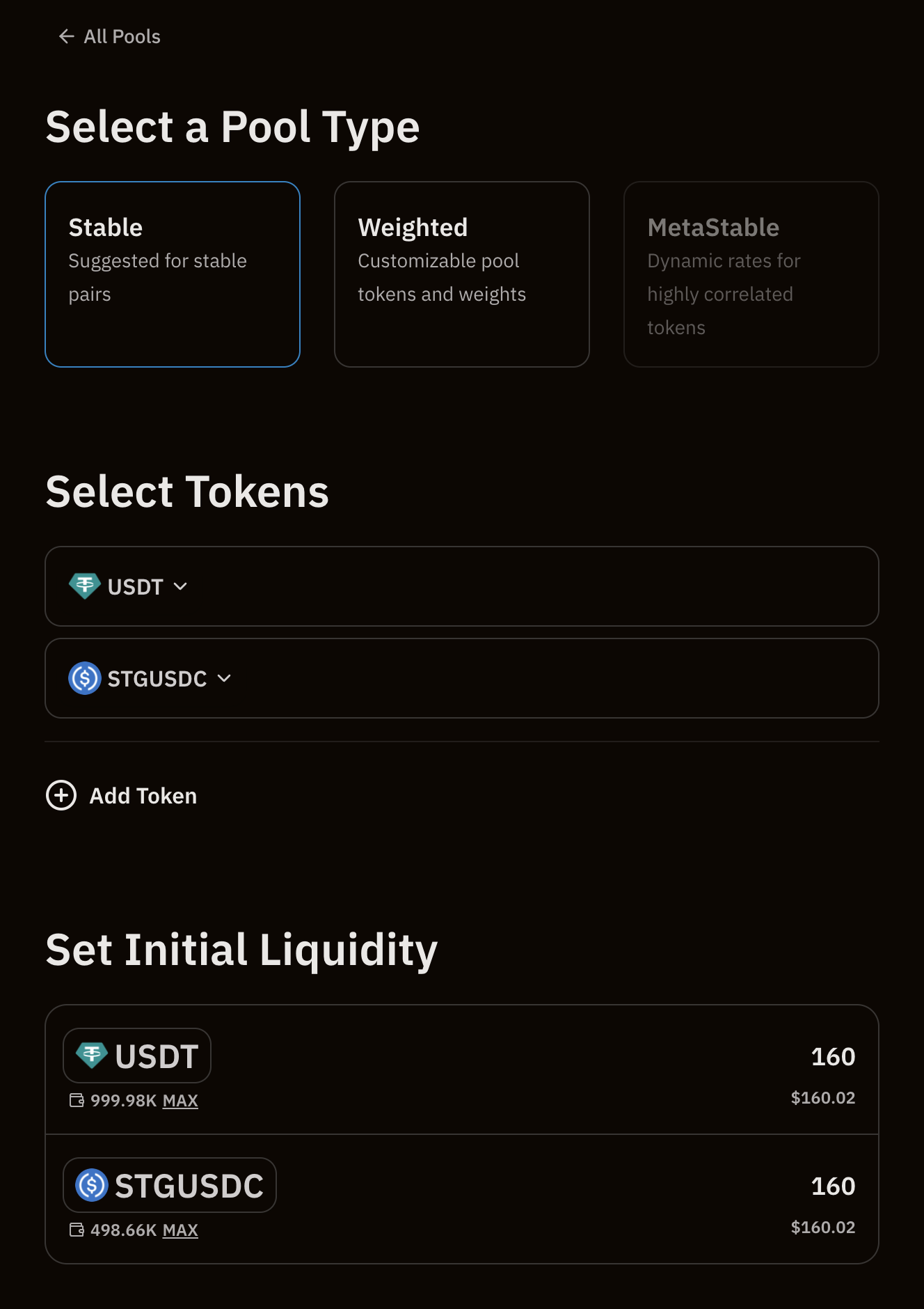 BEX pool creation interface showing token selection and initial ratio configuration