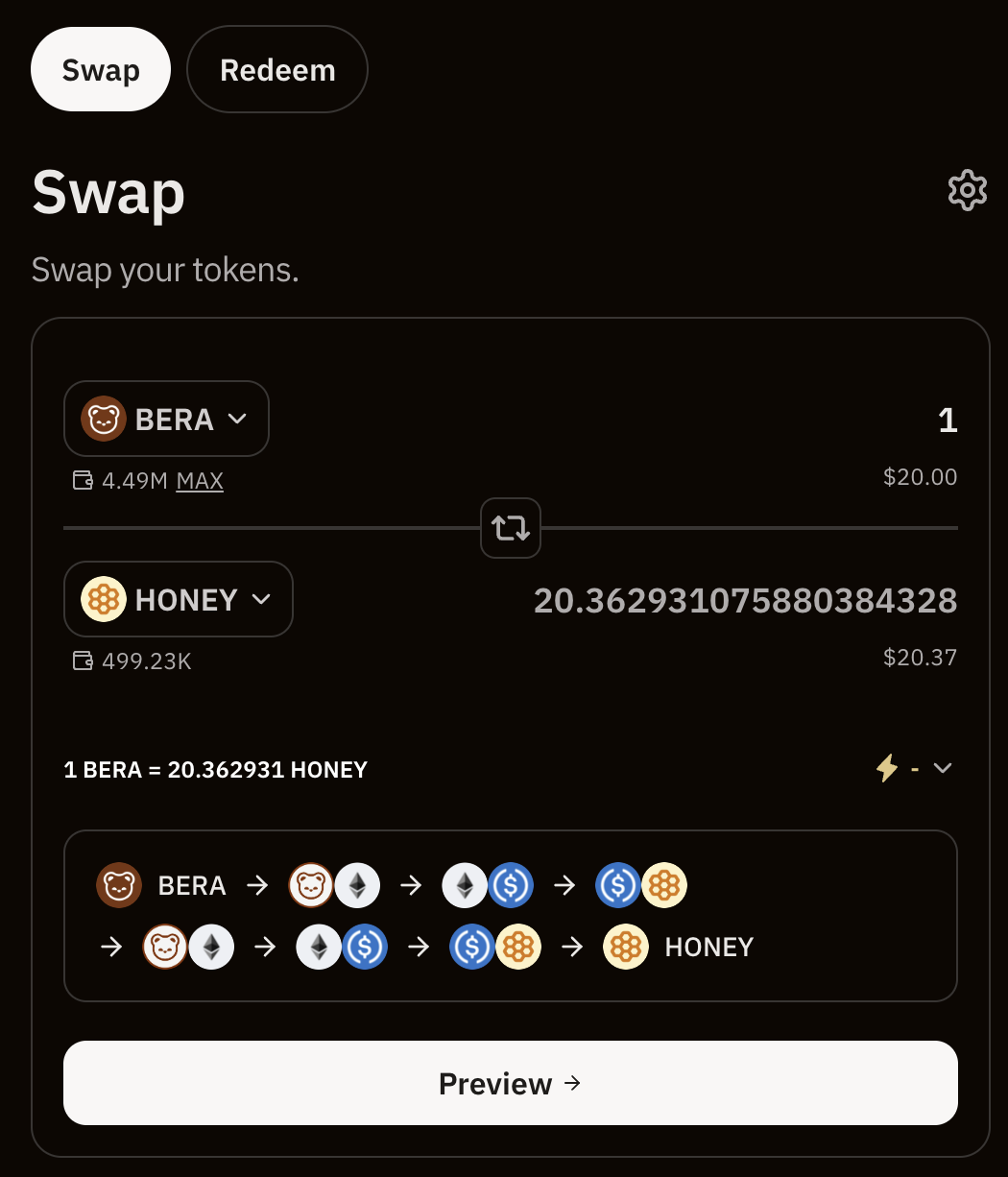 BEX swap modal showing the selected token pair and swap route