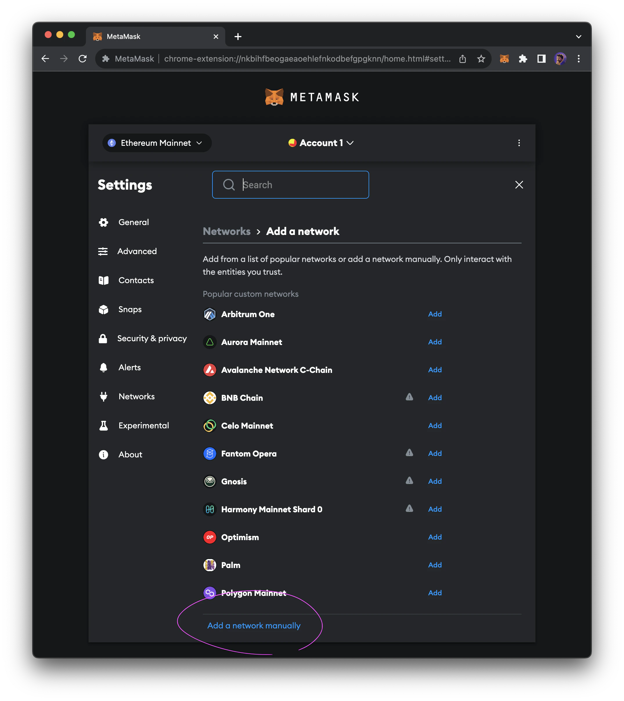 MetaMask add a network manually option