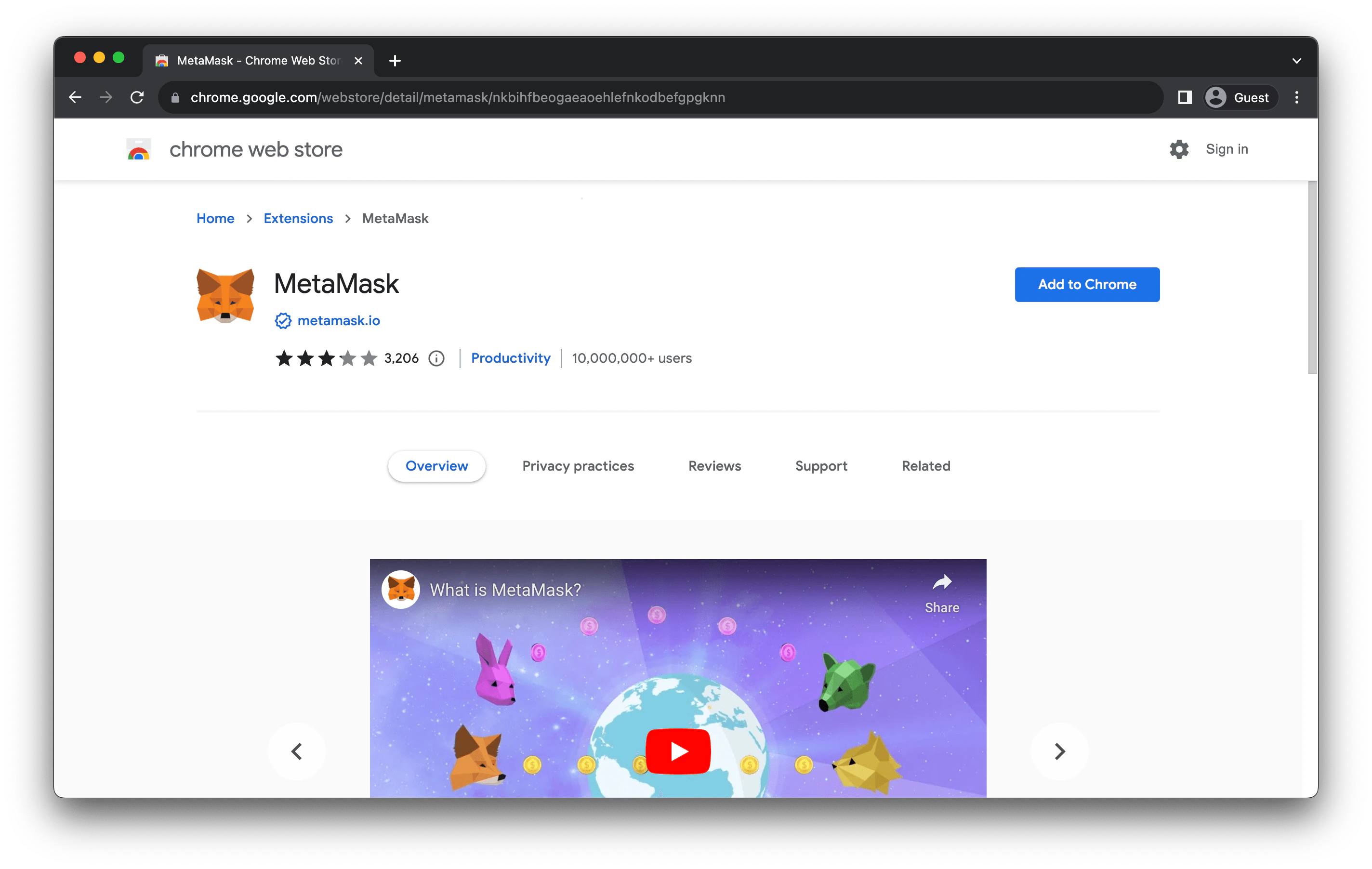 MetaMask extension in the Chrome Web Store