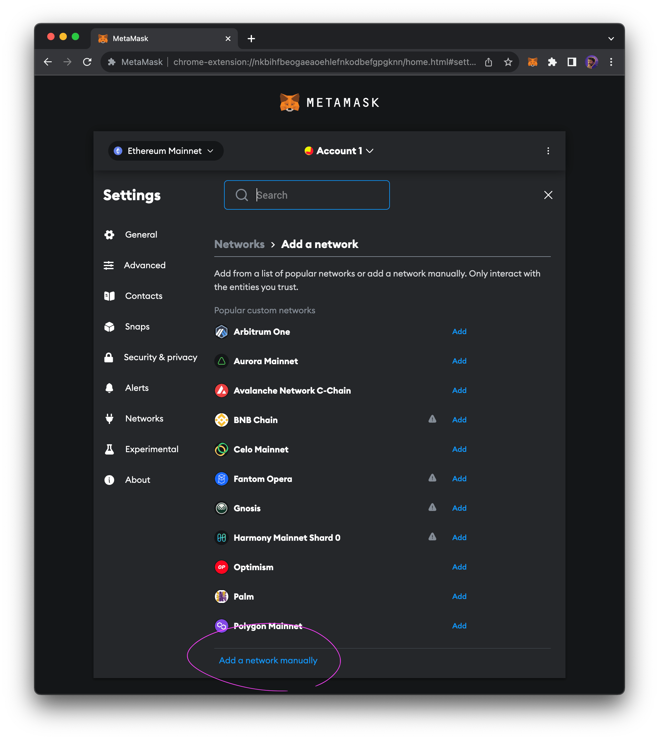 MetaMask add a network manually option