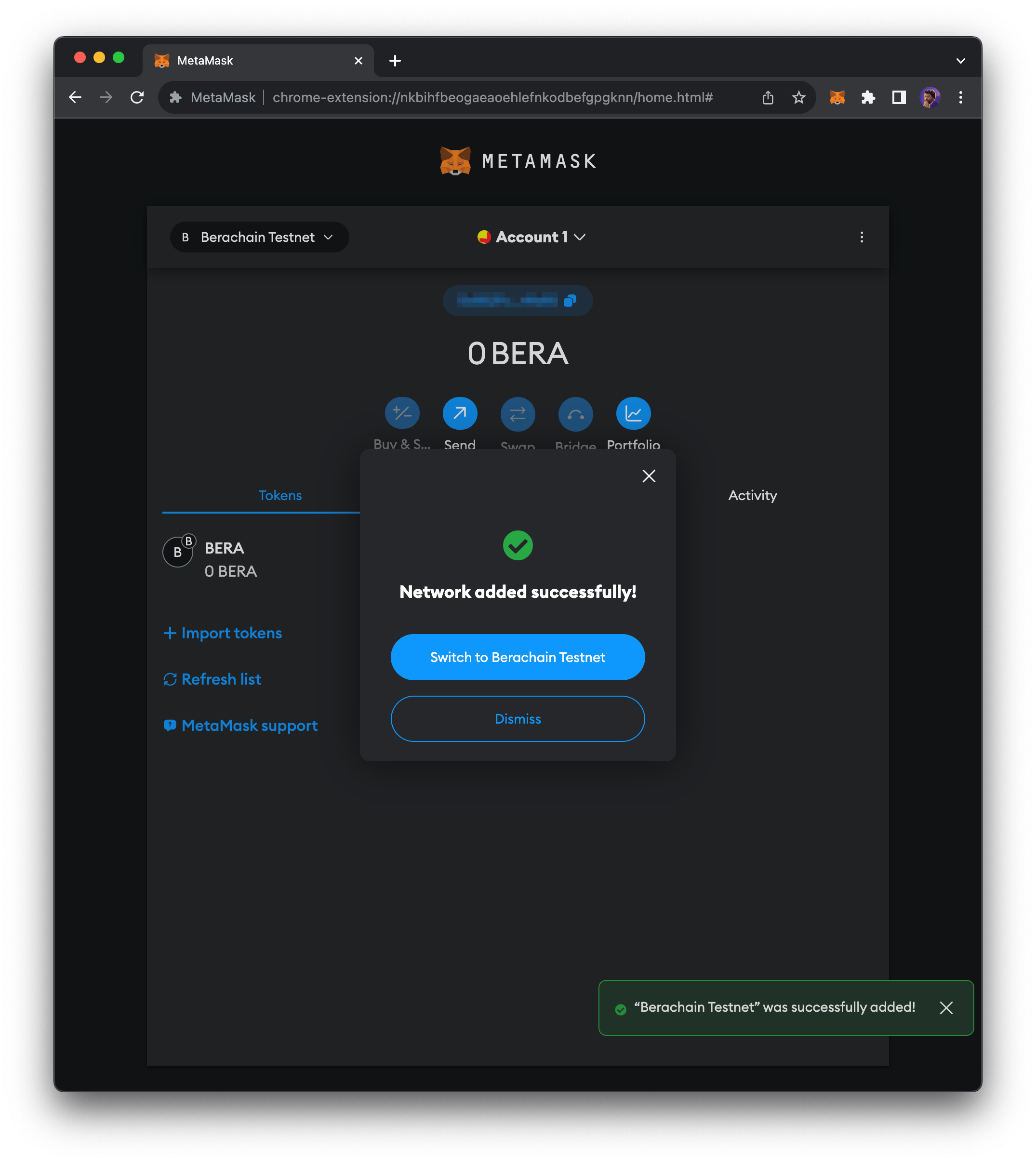 MetaMask wallet connected to Berachain network