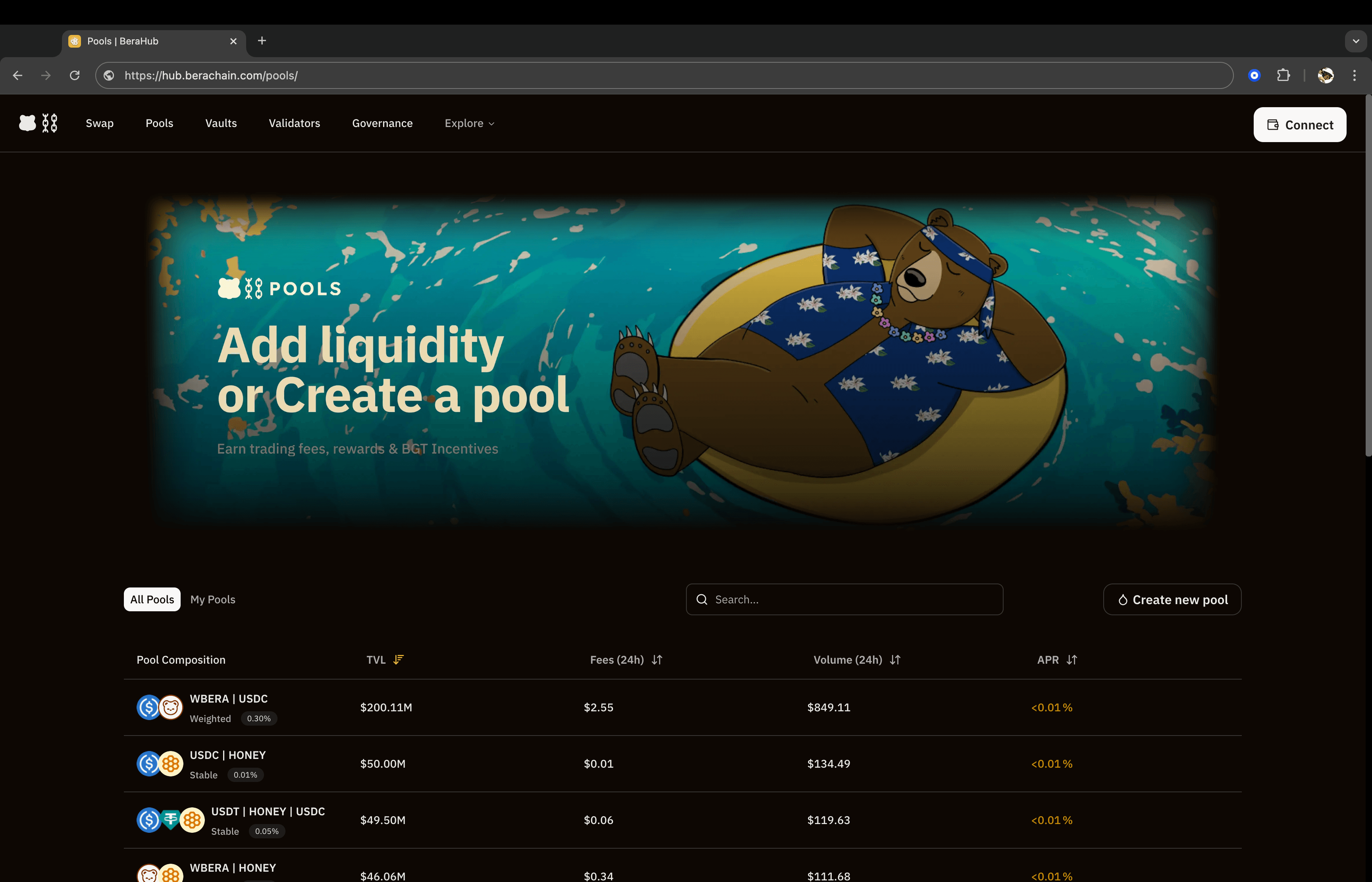 BEX pools overview page listing all available liquidity pools