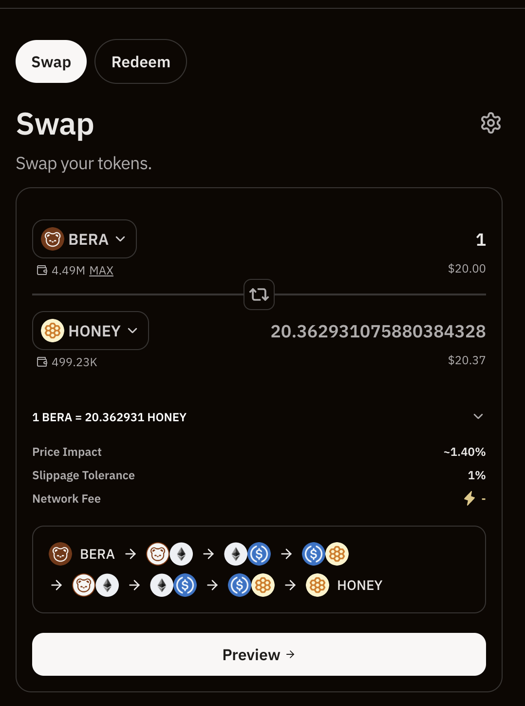 BEX swap slippage settings panel for configuring maximum slippage tolerance