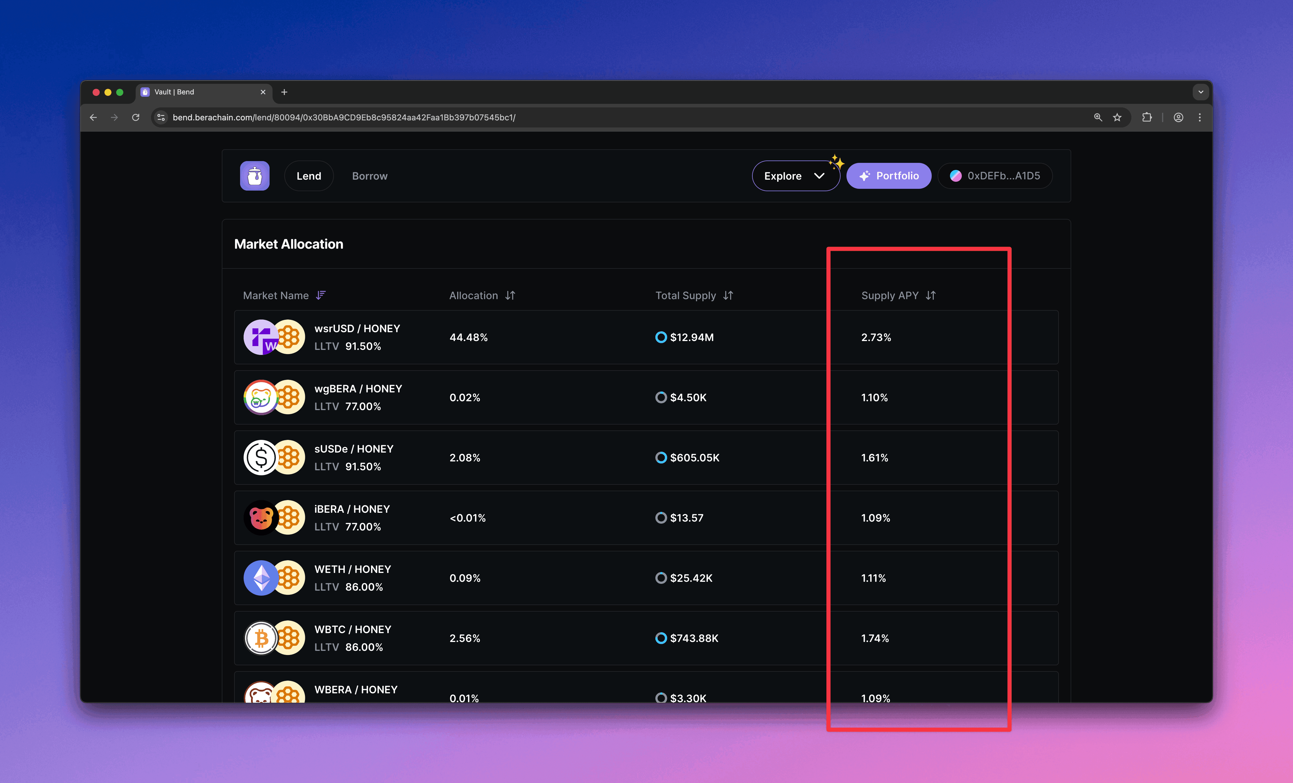 Berachain Bend vault rates