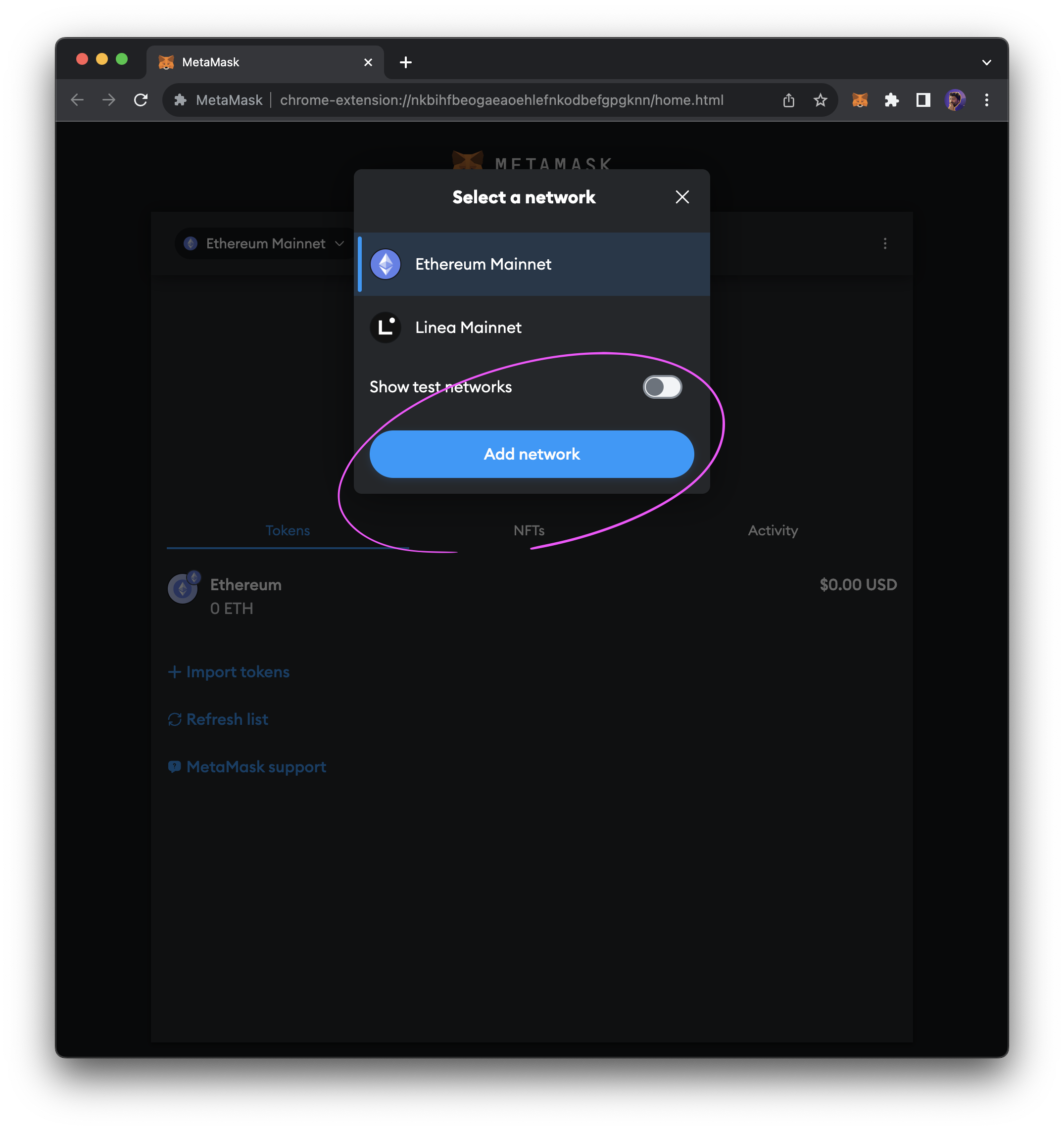MetaMask add network button in modal