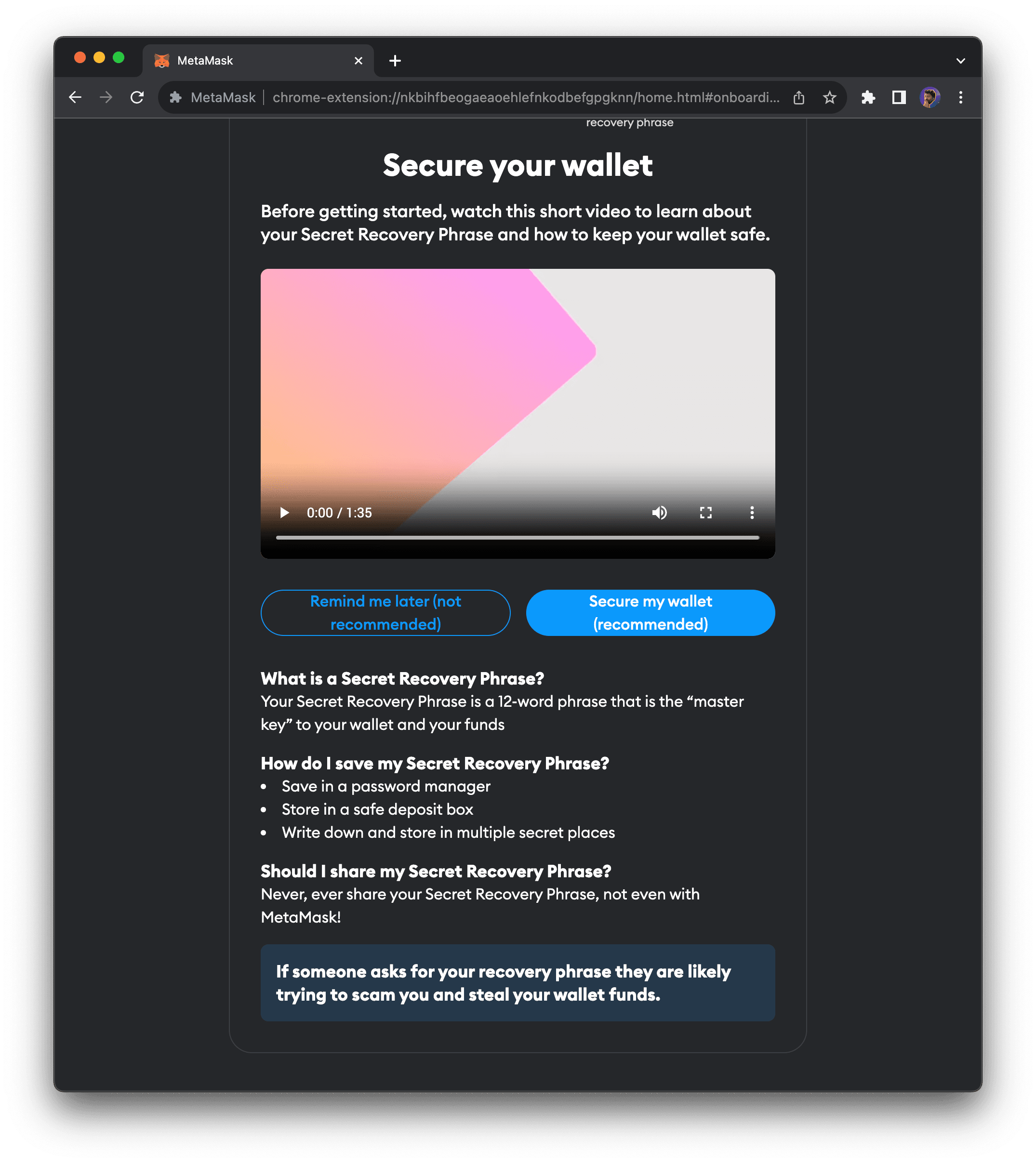 MetaMask recovery phrase backup screen