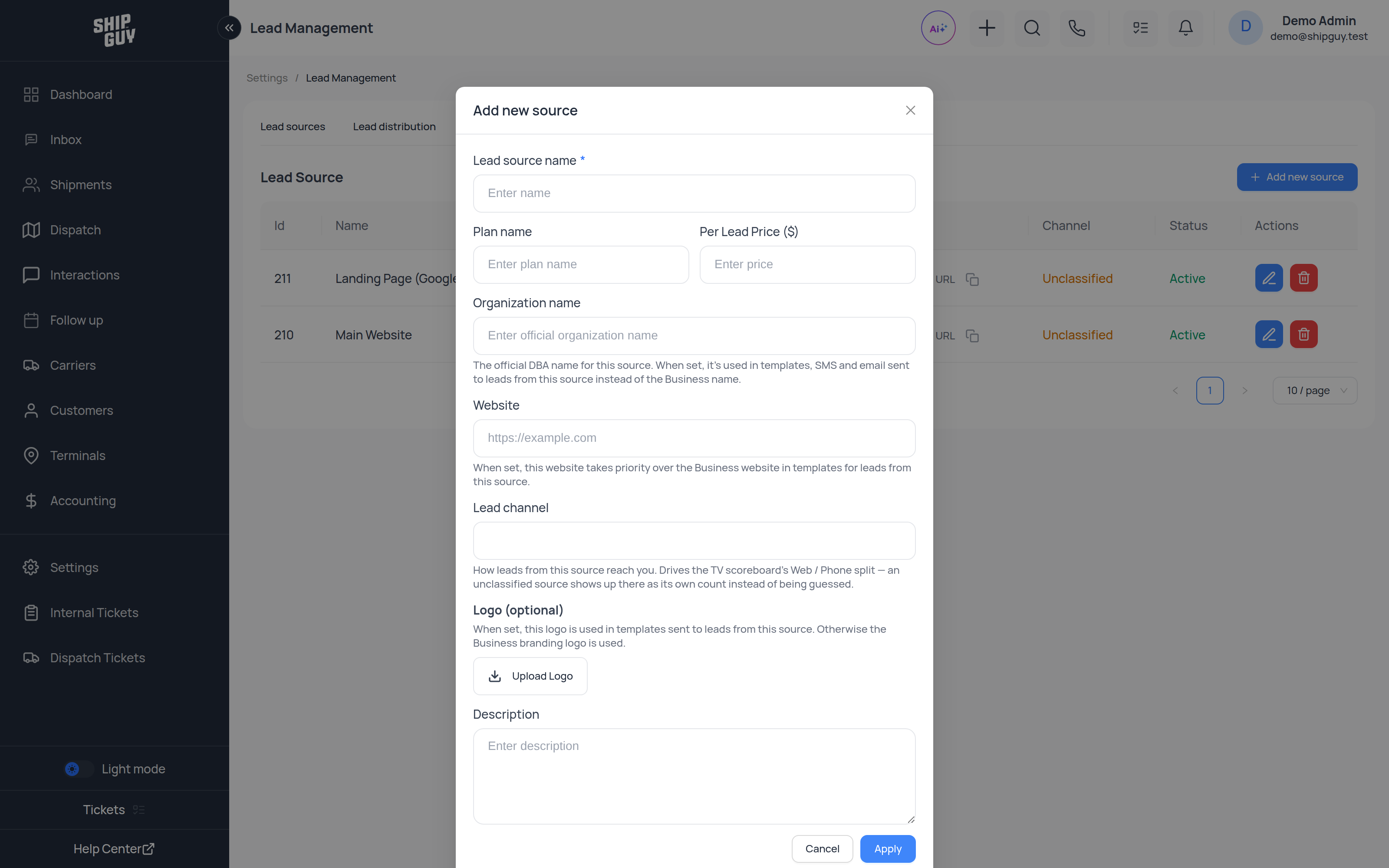 The Add new source dialog in Settings → Lead Management
