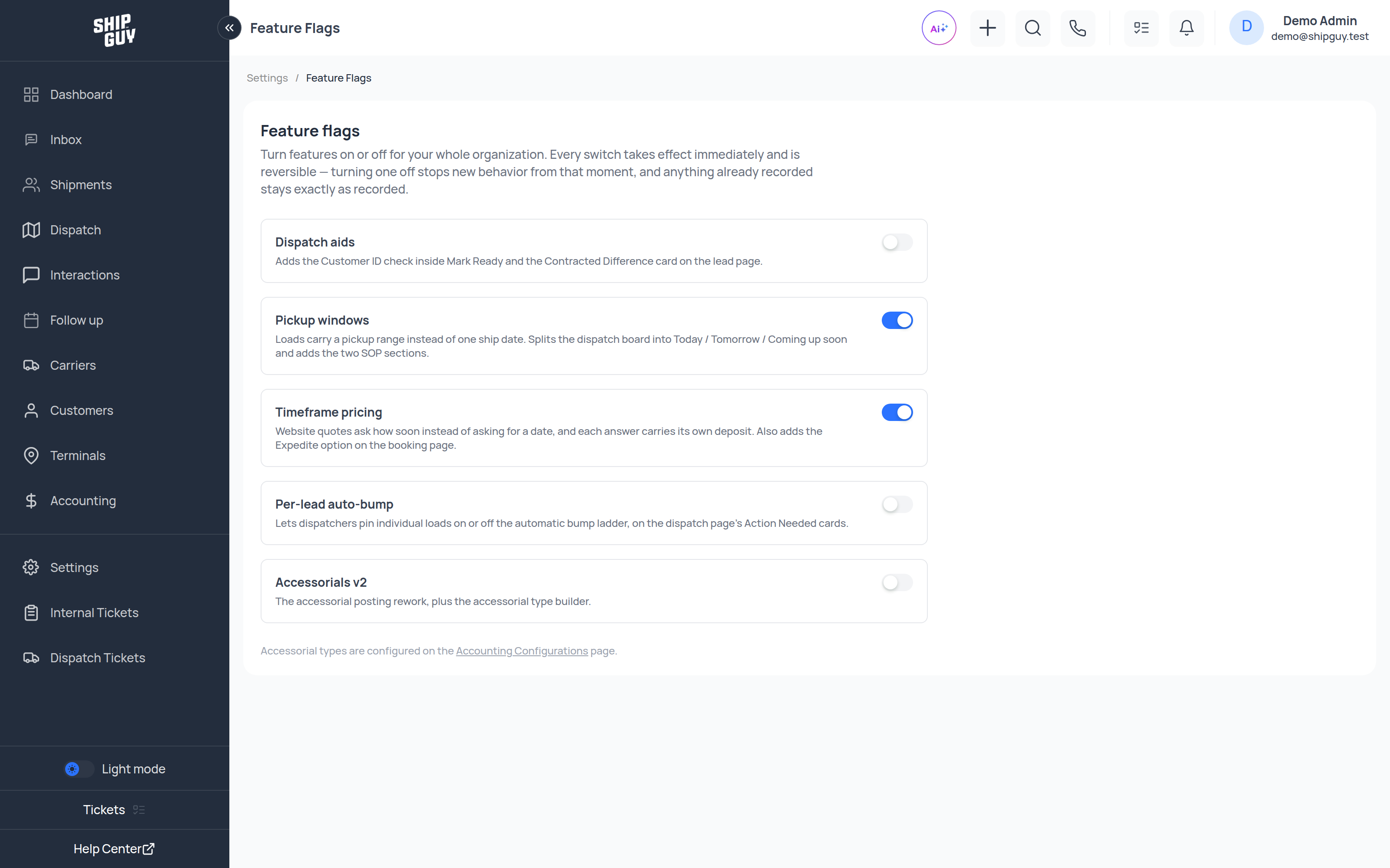 The Feature Flags page with Pickup windows and Timeframe pricing switched on