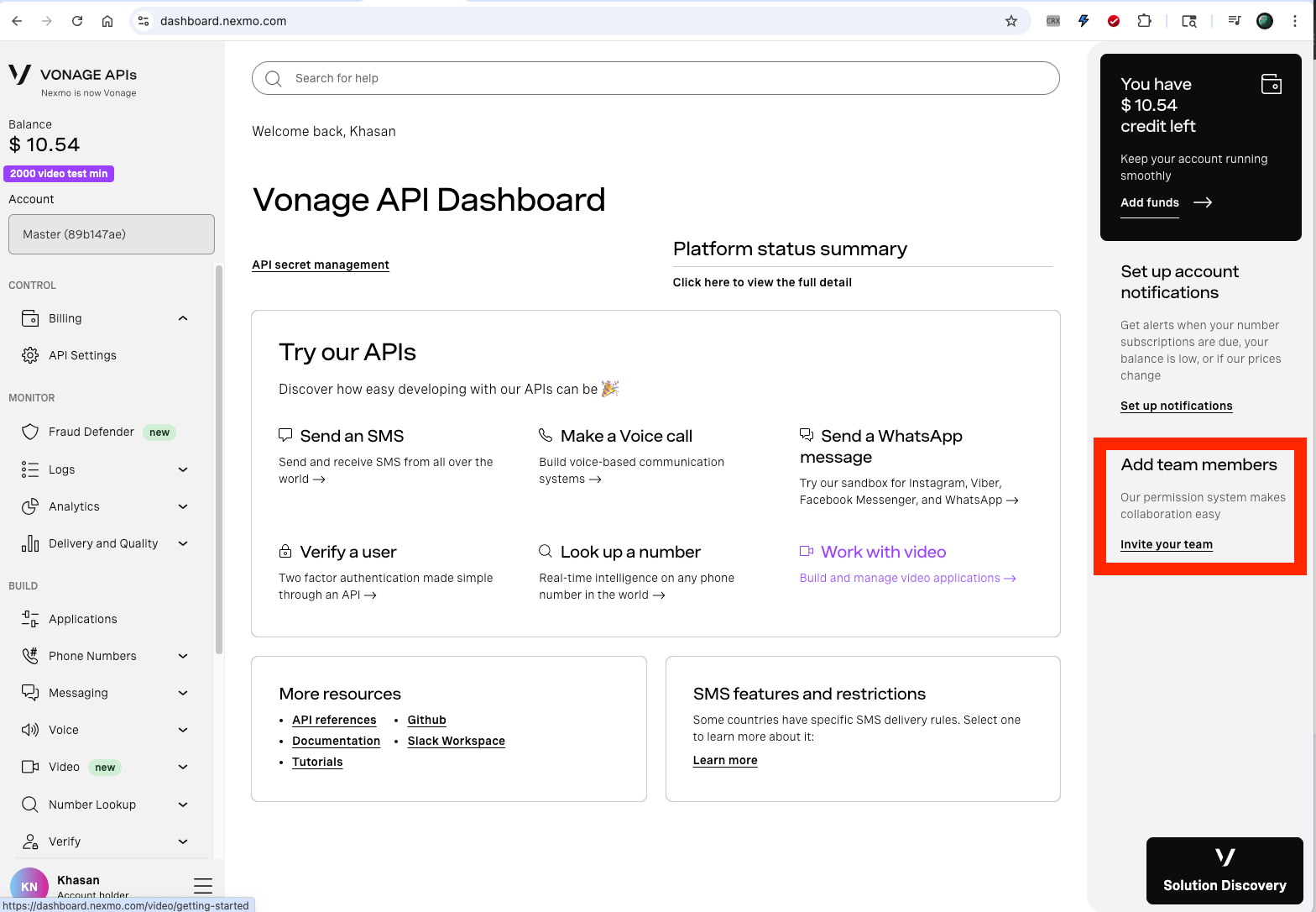Inviting your team in Vonage