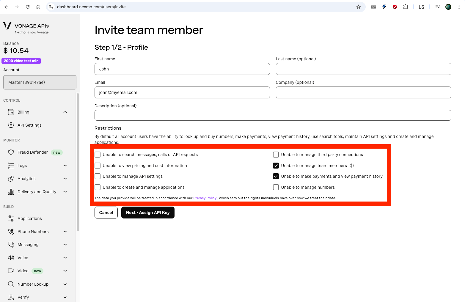The permissions to grant the invited user