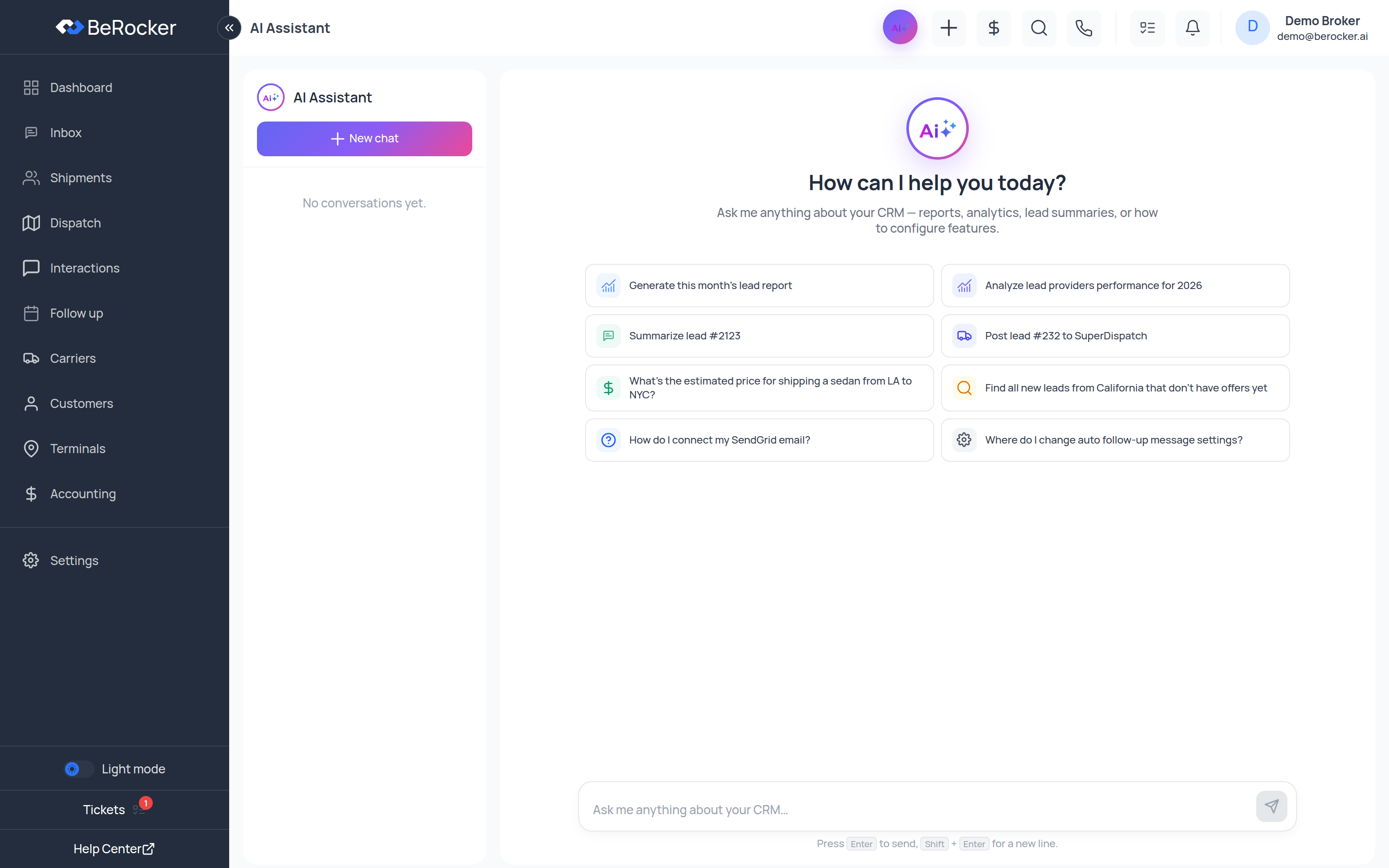 The AI Assistant with starter prompts