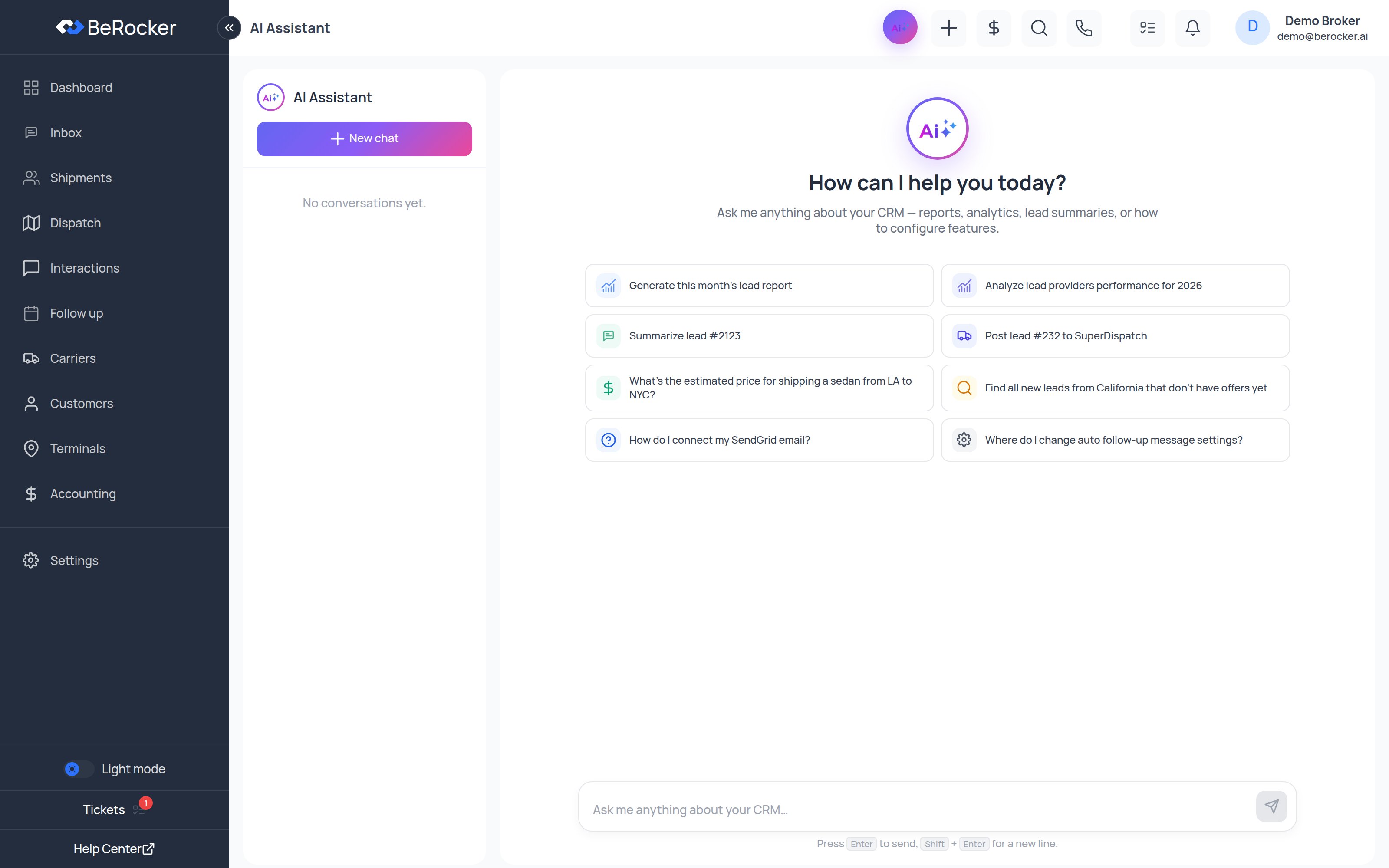 The AI Assistant with starter prompts