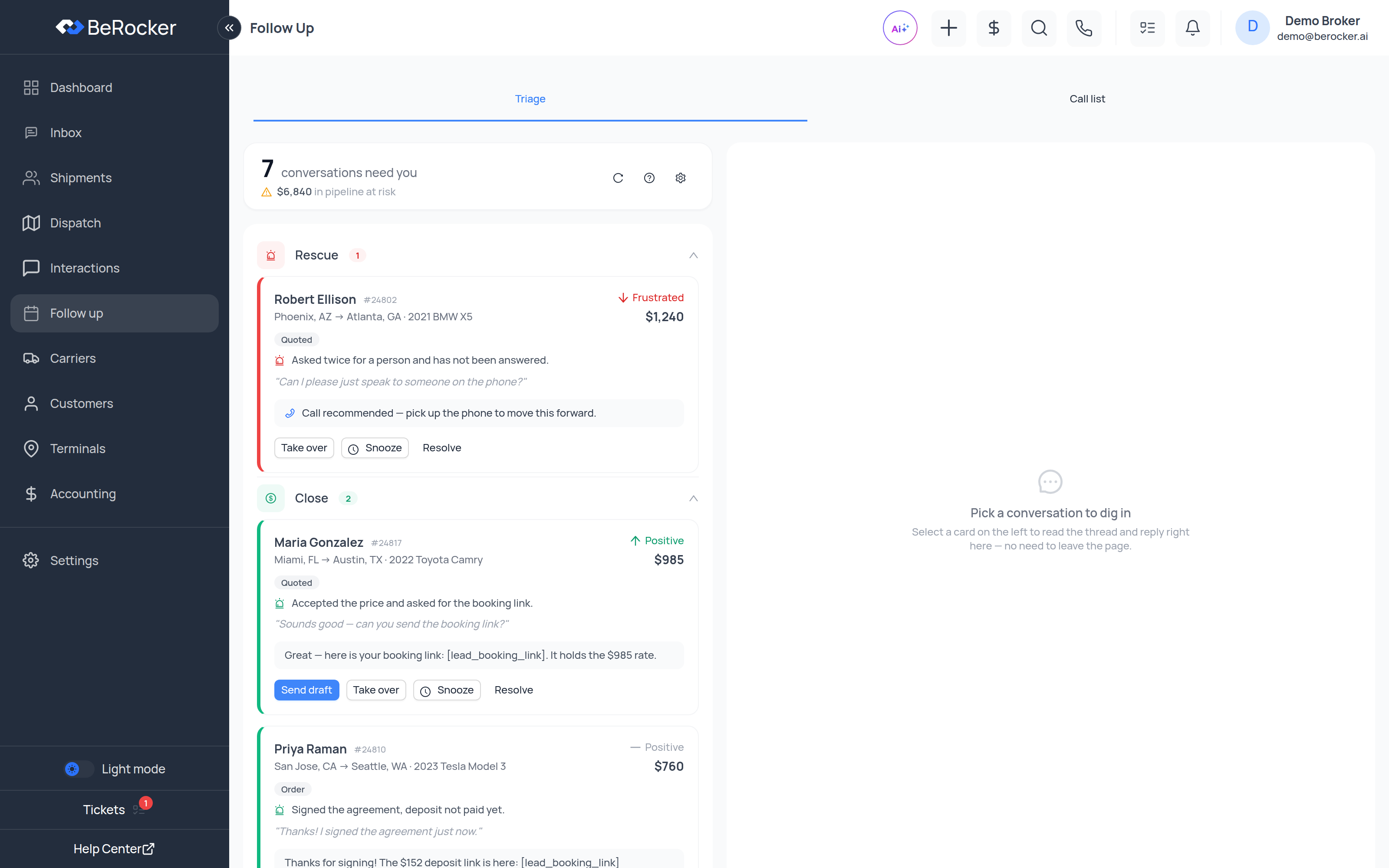 The Follow up screen showing the Triage queues on the left and the conversation pane on the right