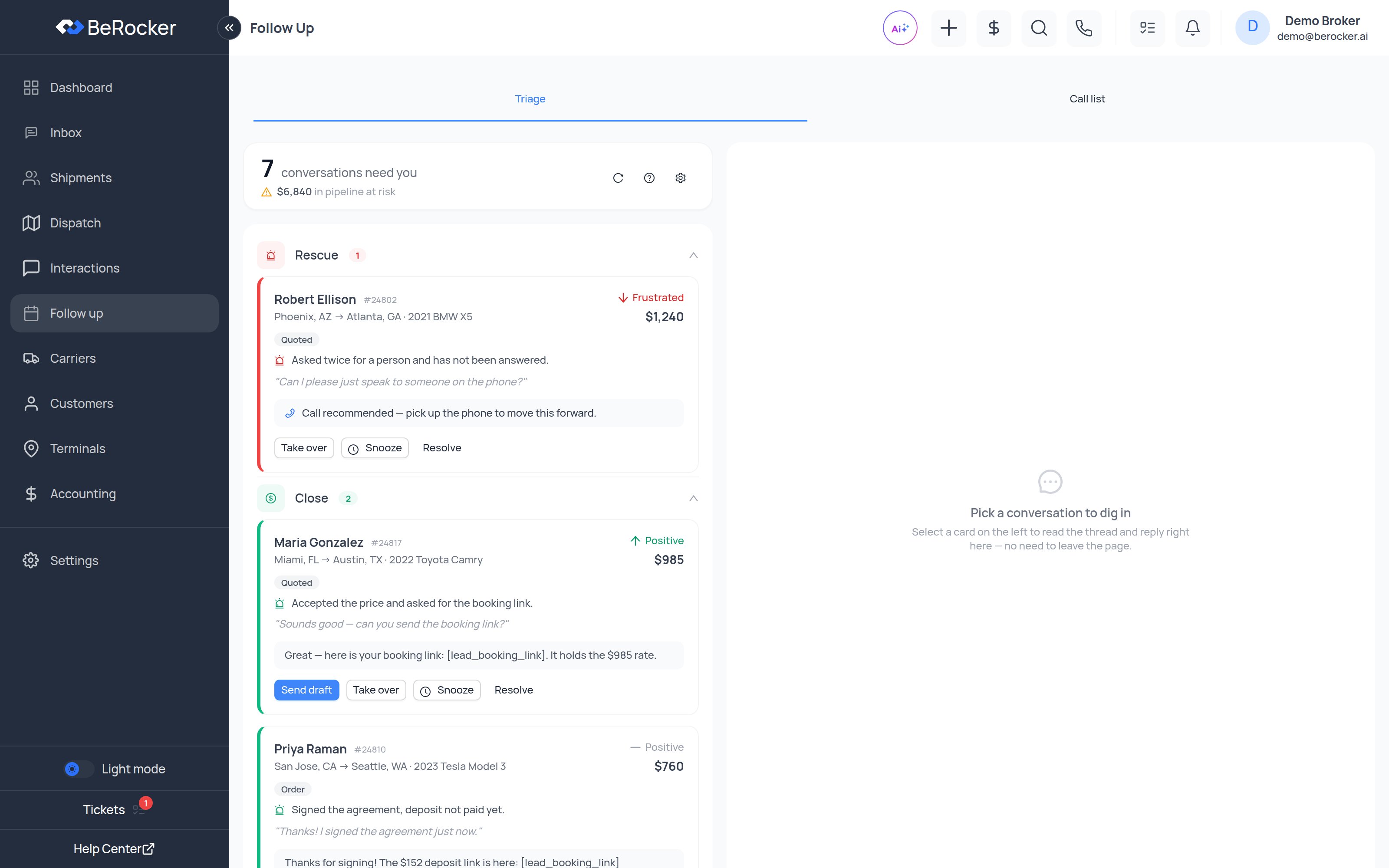 The Follow up screen showing the Triage queues on the left and the conversation pane on the right