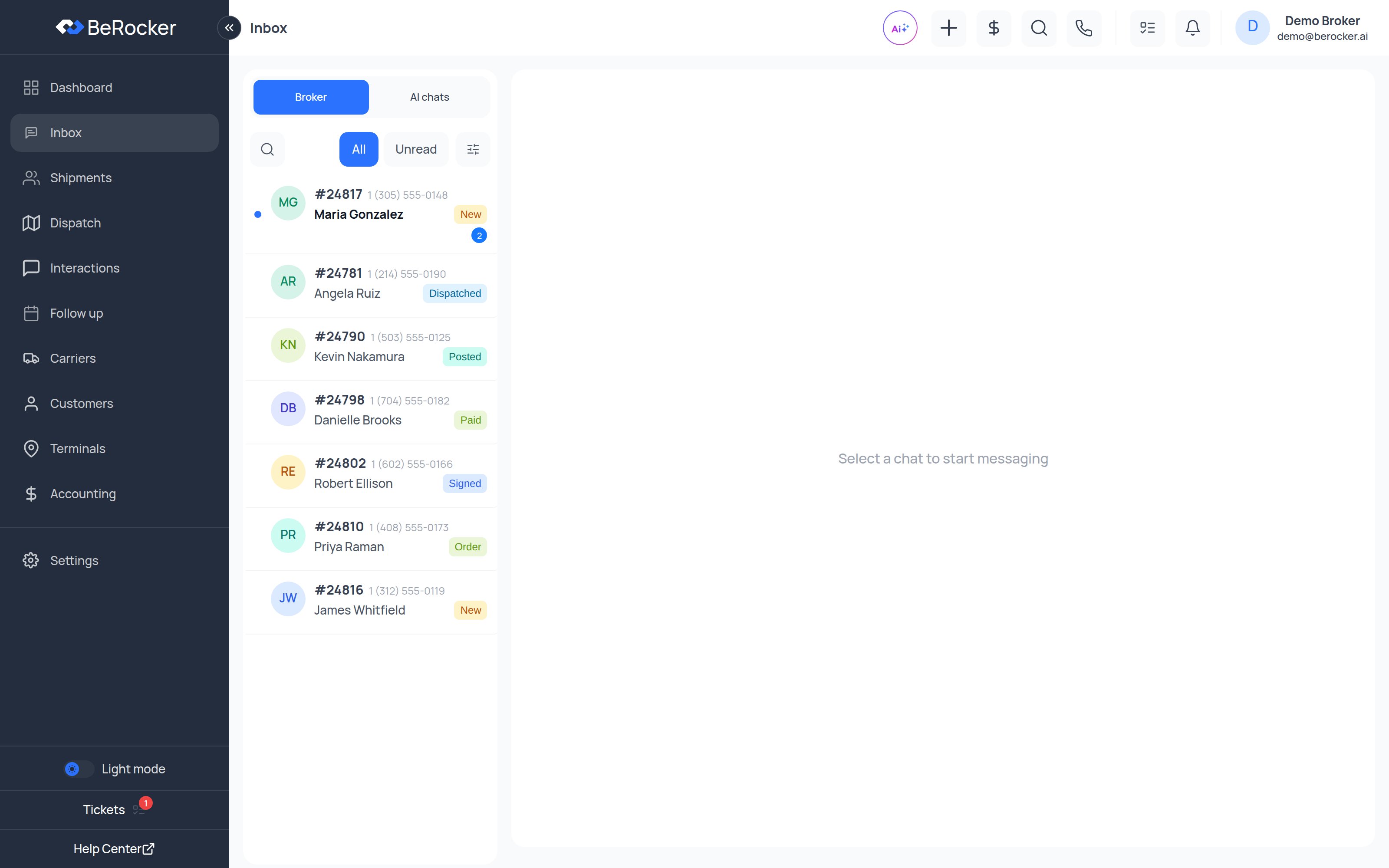 The BeRocker Inbox with the conversation list on the left