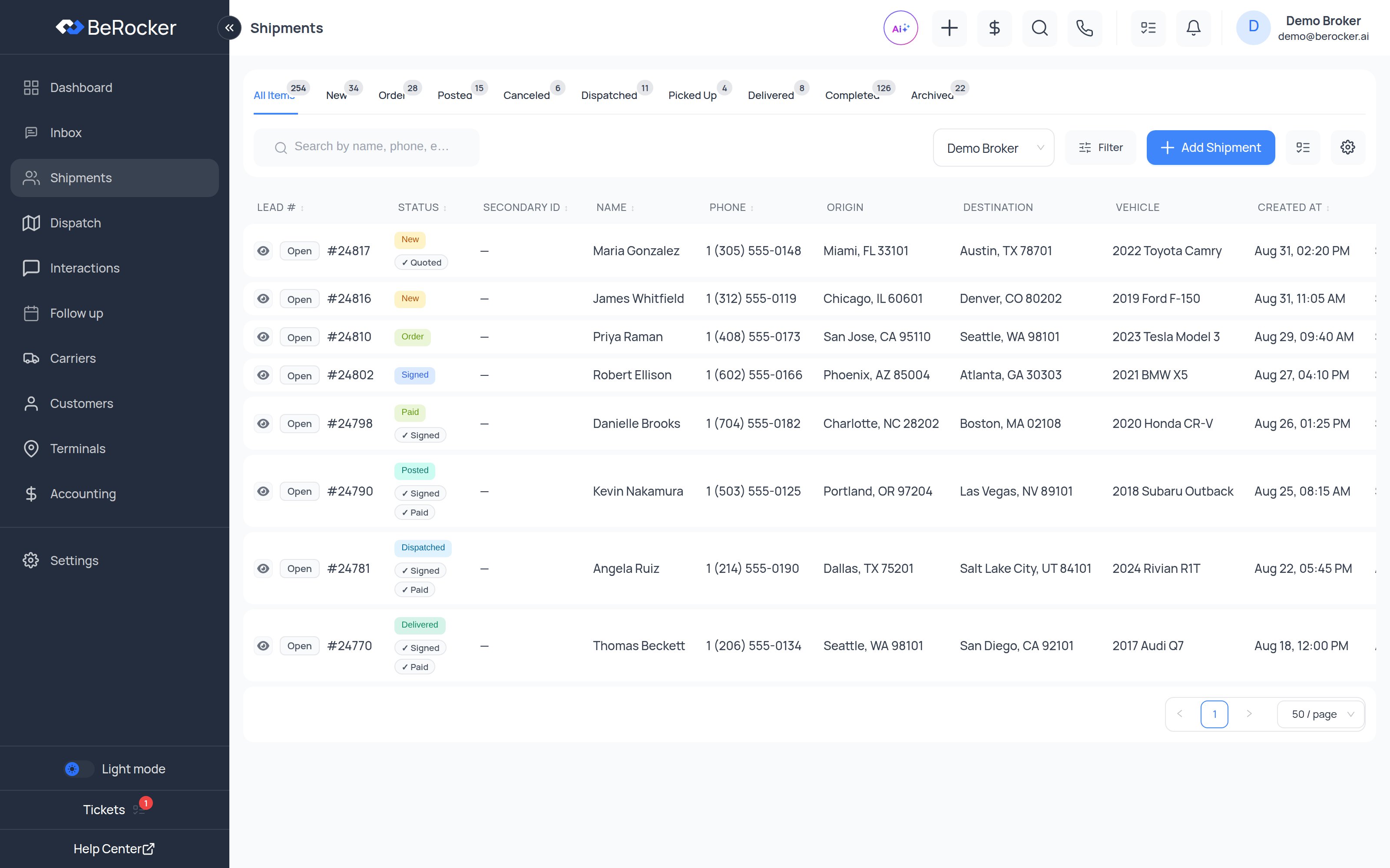 The Shipments table with status tabs across the top