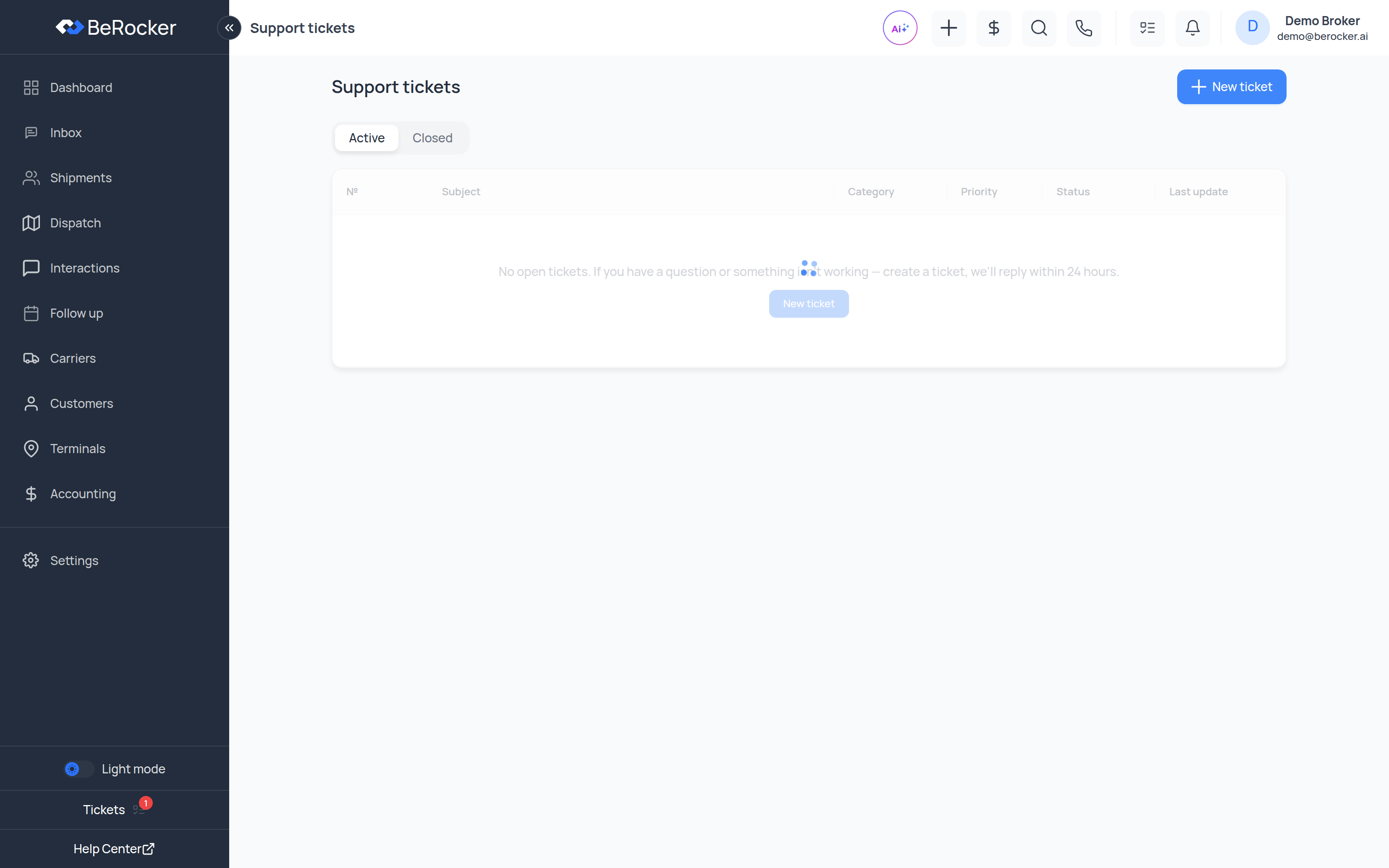 The Support tickets list with Active and Closed tabs
