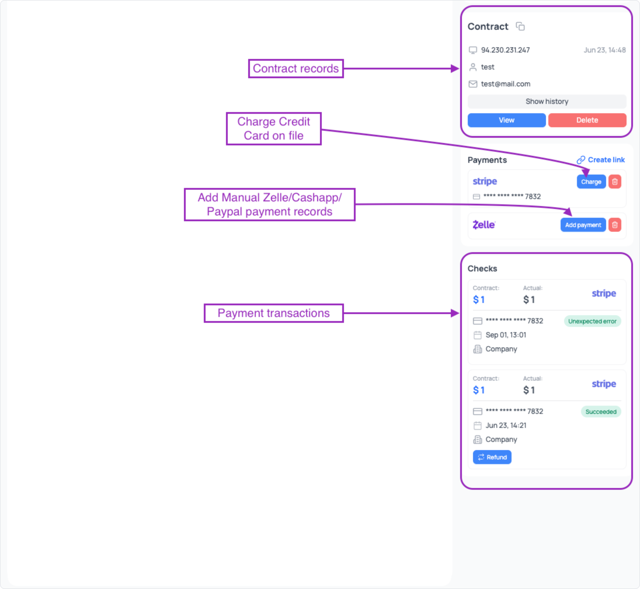 The booking tab showing the contract, payments and transactions