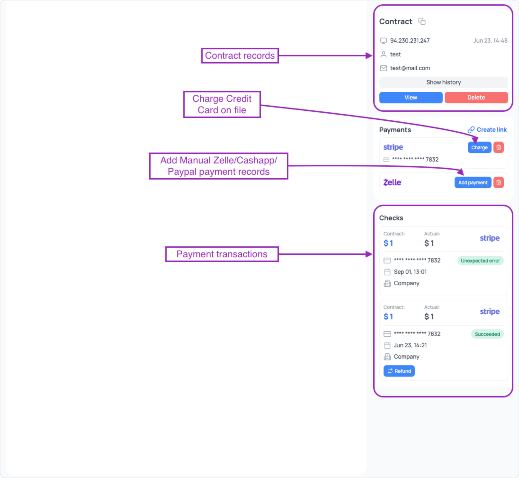 The booking tab showing the contract, payments and transactions