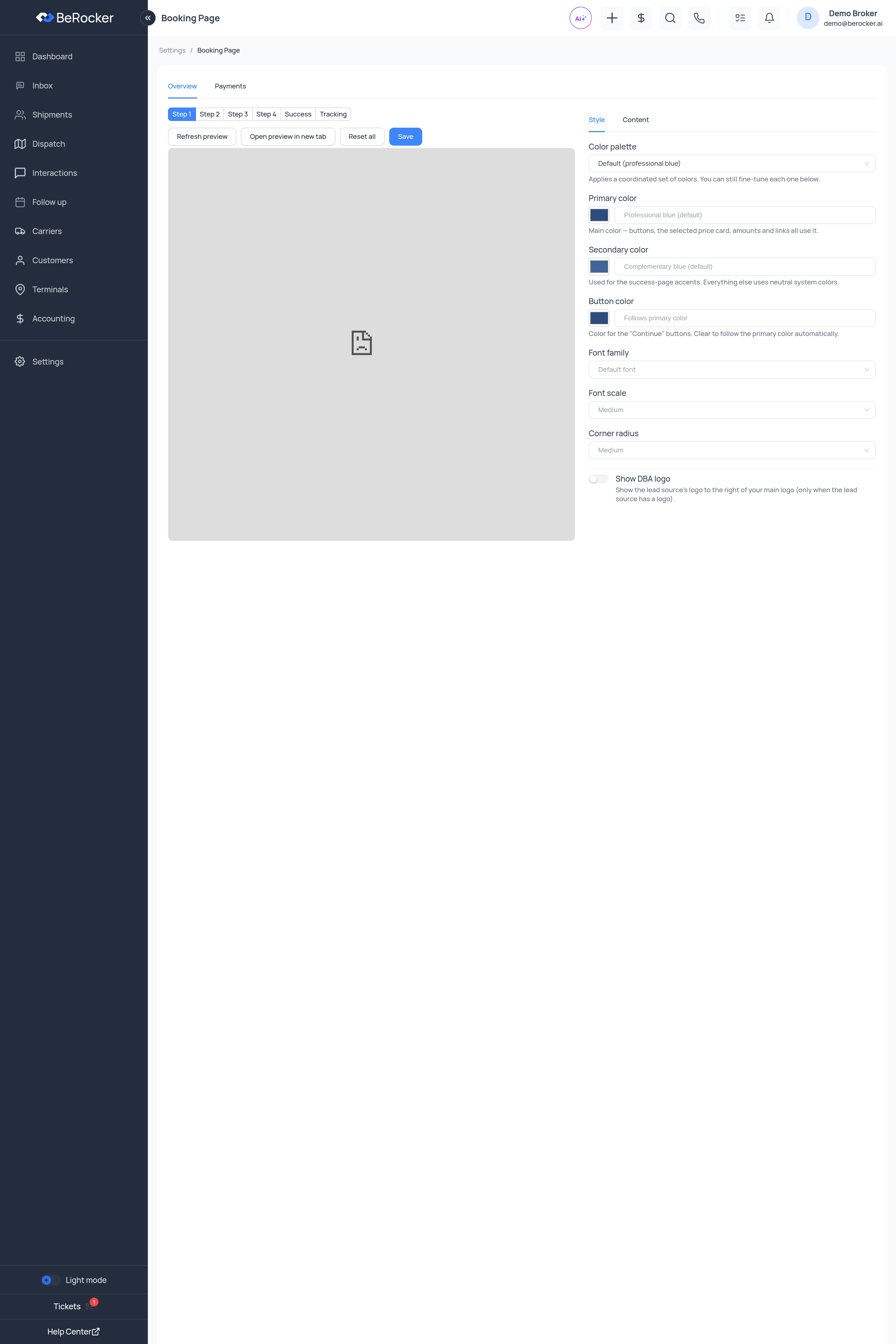 The Booking Page editor with the live preview on the right