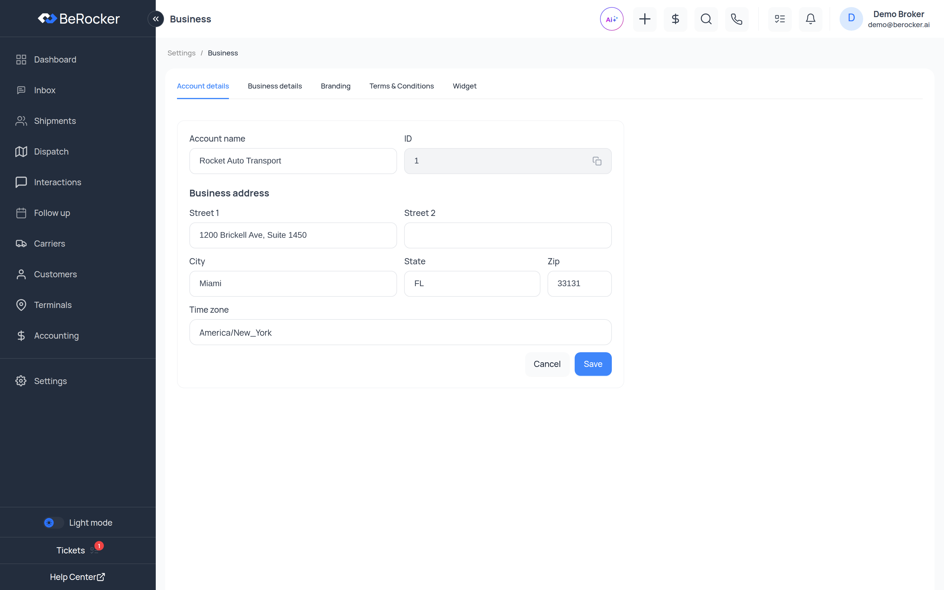 The Business settings page showing the Account details, Business details, Branding, Terms & Conditions and Widget tabs