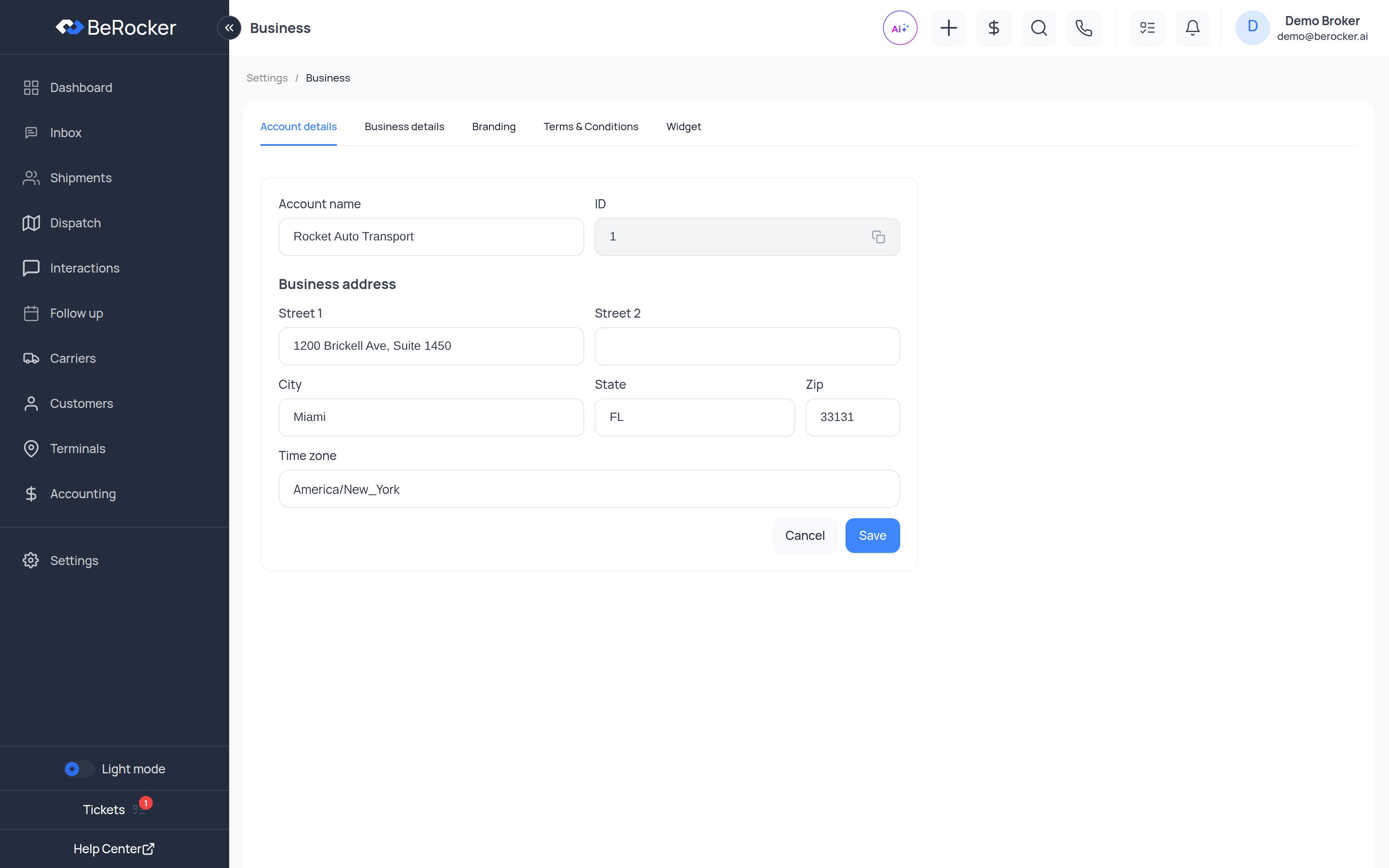 The Business settings page showing the Account details, Business details, Branding, Terms & Conditions and Widget tabs