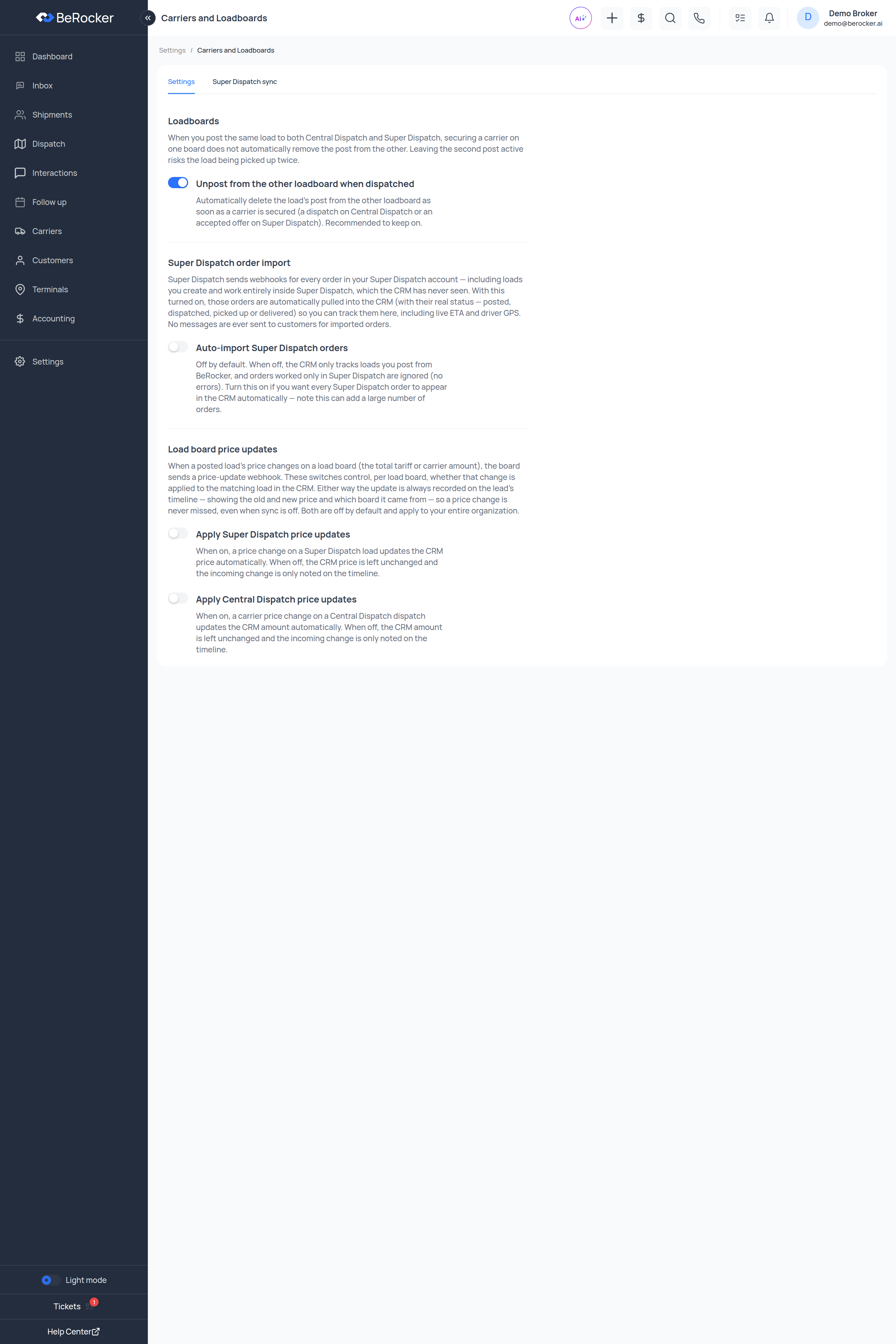 The Carriers and Loadboards settings tab