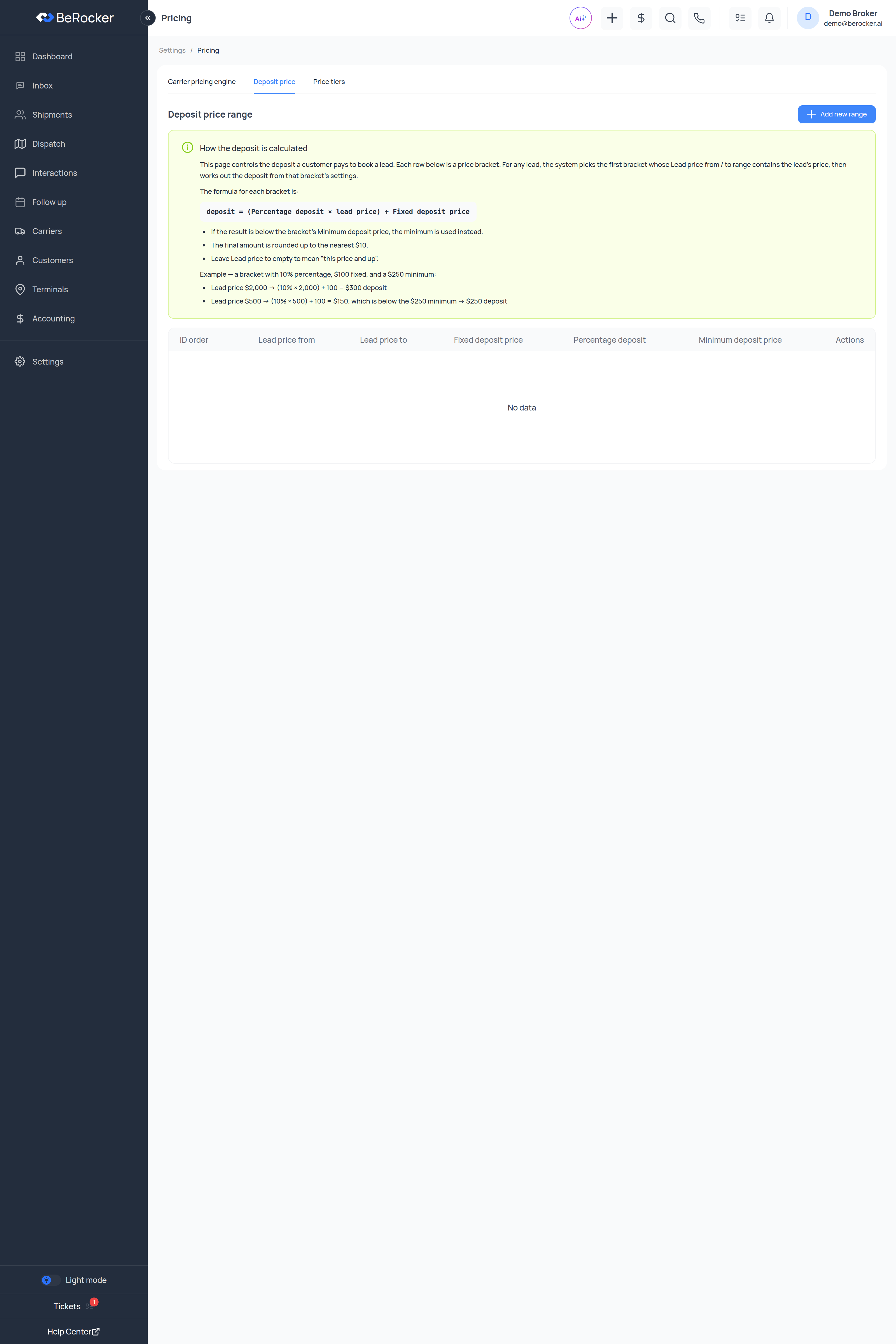 The Deposit price tab with lead-price brackets