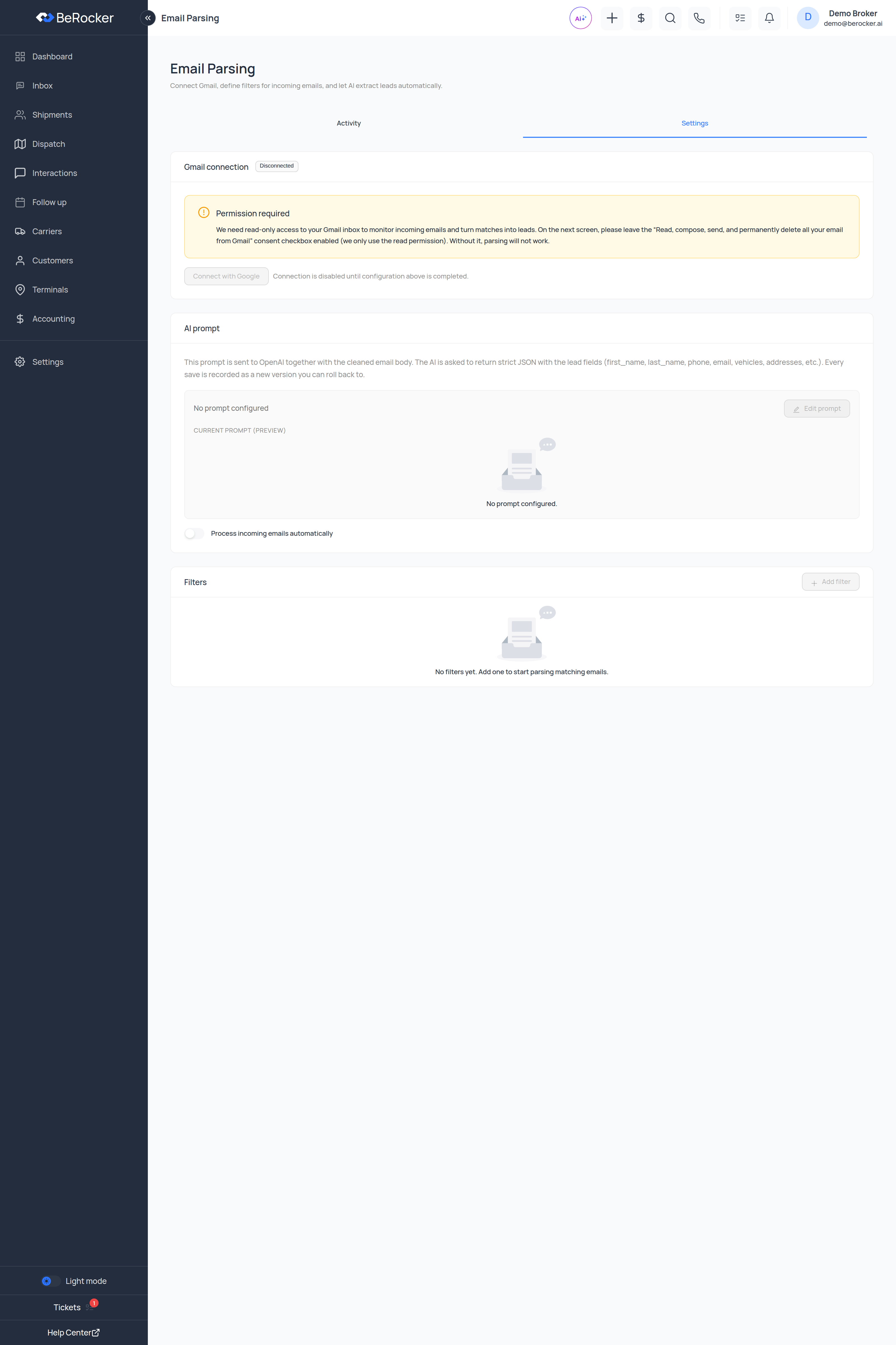 The Email Parsing screen with the Activity and Settings tabs
