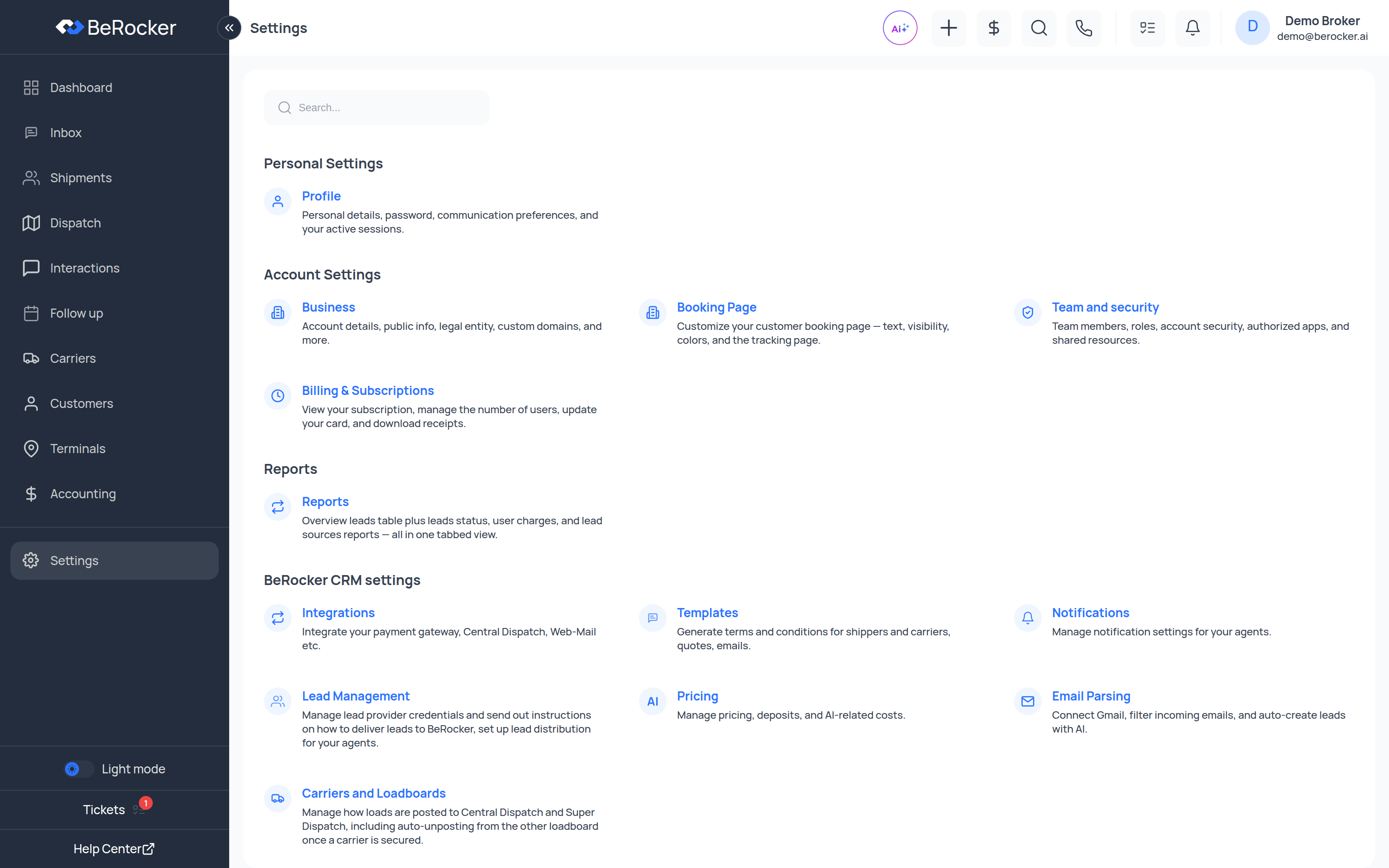 The BeRocker settings hub, grouped into Personal, Account, Reports and CRM settings