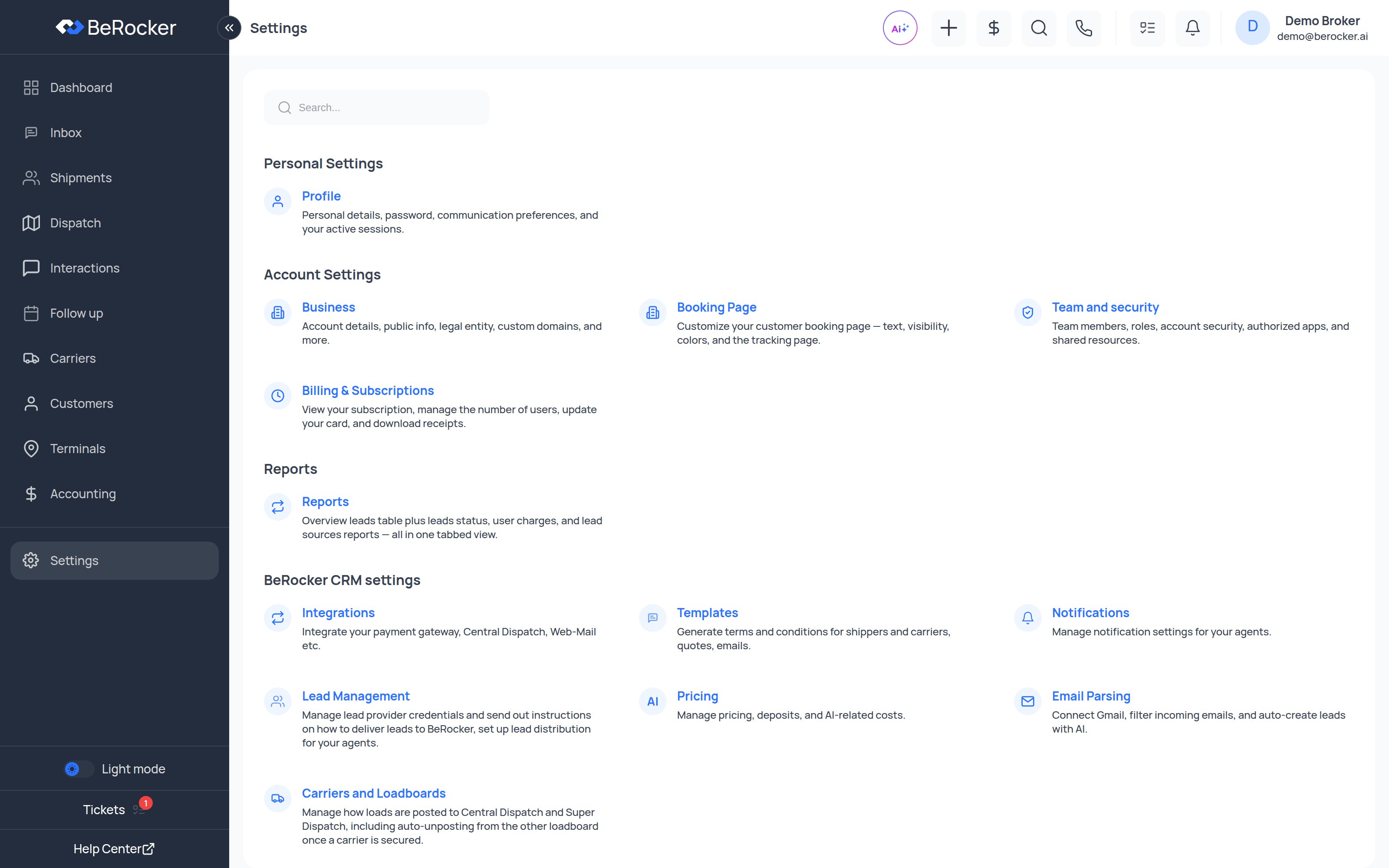The BeRocker settings hub, grouped into Personal, Account, Reports and CRM settings