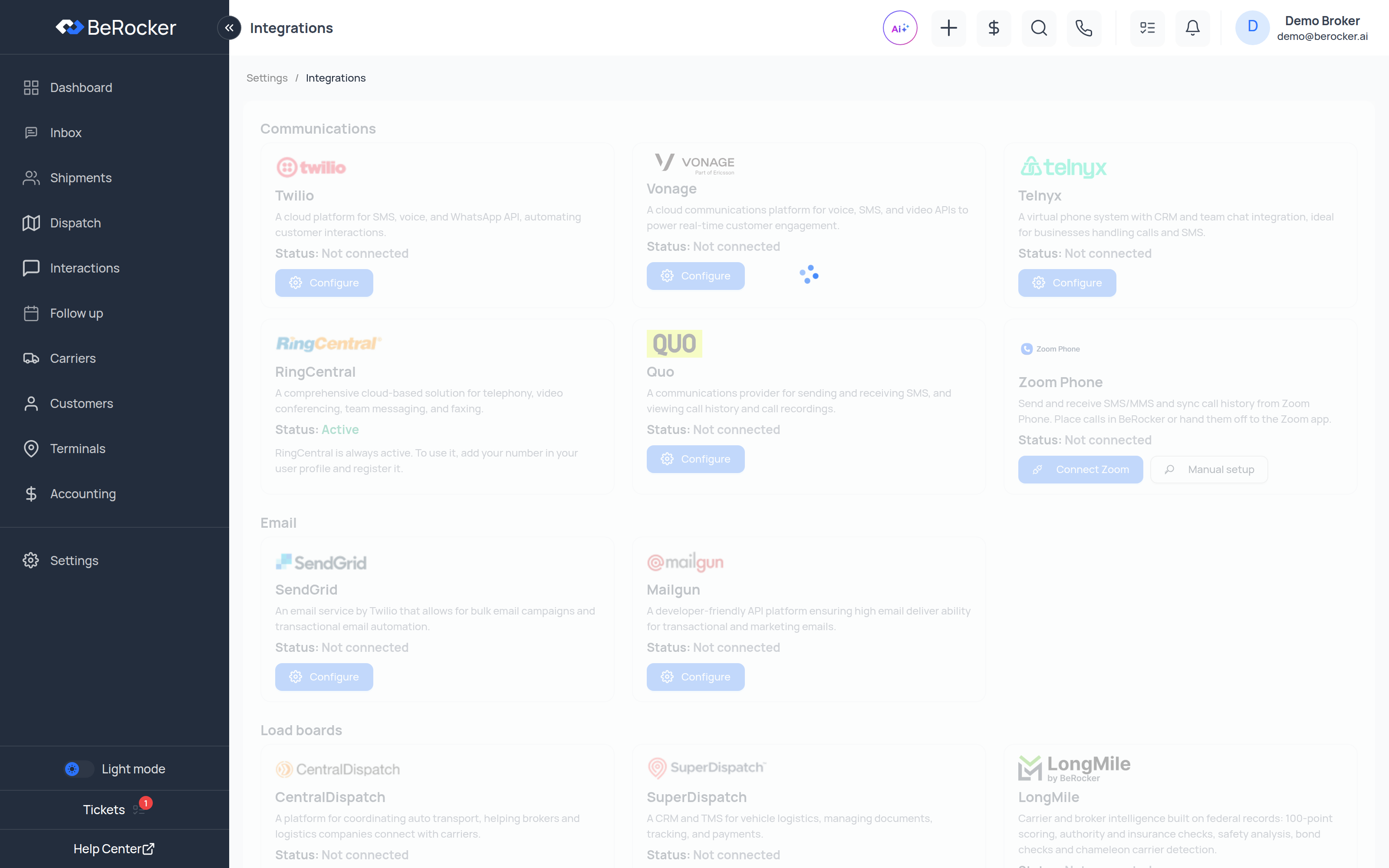 The Integrations page grouped into Communications, Email, Load boards and Other
