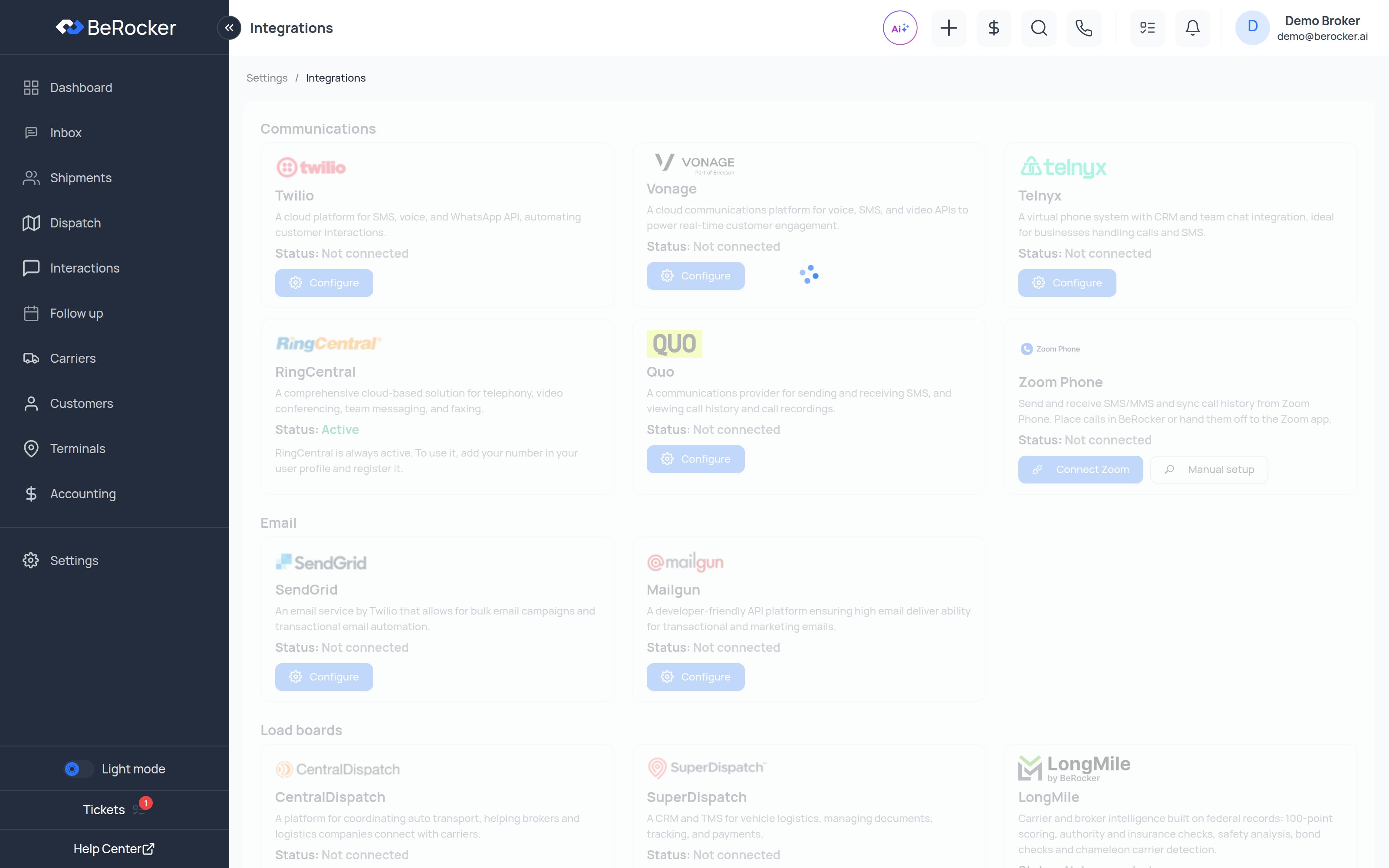 The Integrations page grouped into Communications, Email, Load boards and Other